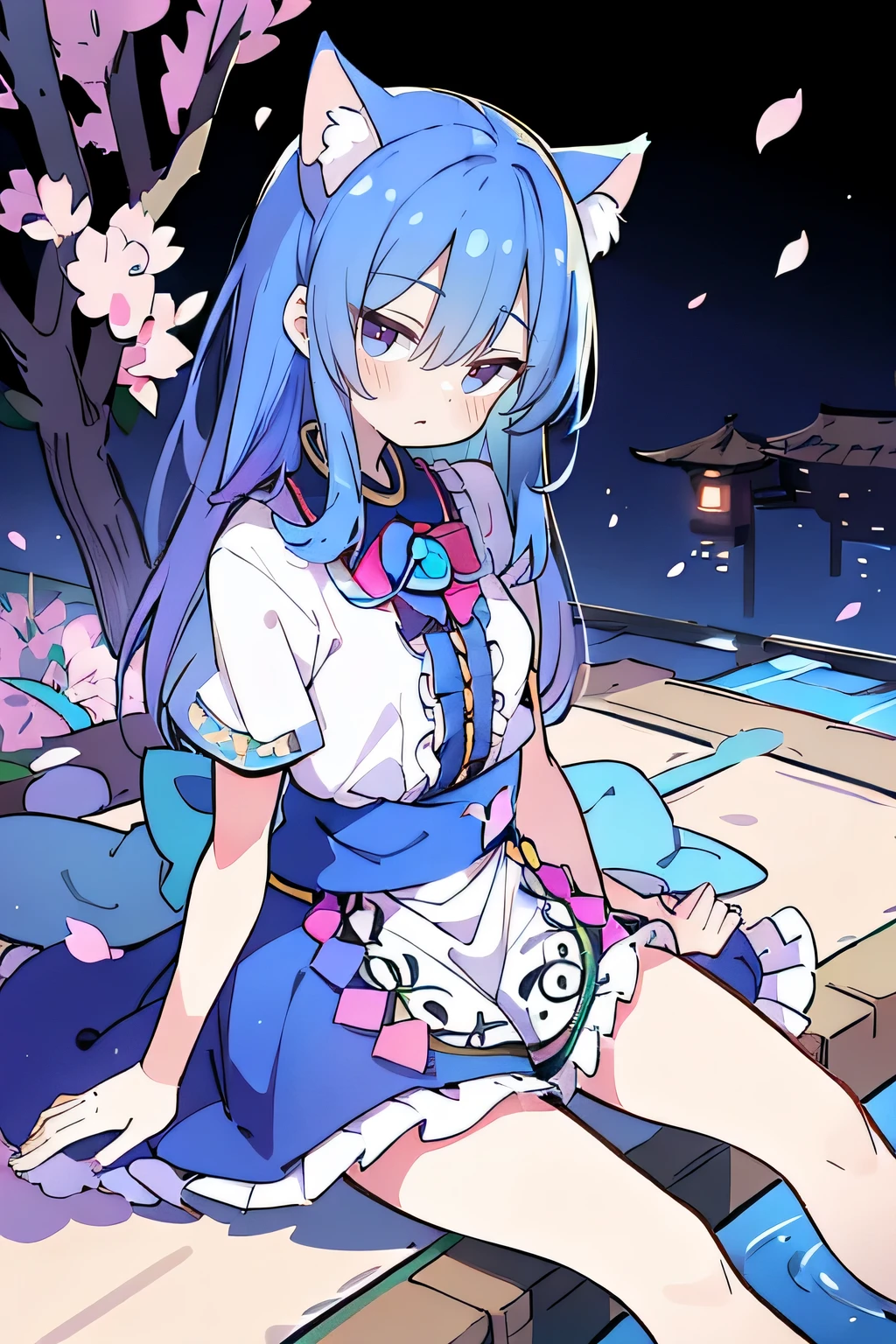 (masterpiece:1.2),ultra-detailed,realistic,expressive eyes,fair-skinned,perfectly shaped face,1girl,
Japanese cartoons,Gorgeous blue hair, flowing blue hair,floating clothes,cat ears,petals falling,beautiful Lola,Hina Angel,
hands on waist,gracefully sitting on the ground,legs crossed,gentle and serene background,cool and comfortable pavilion.