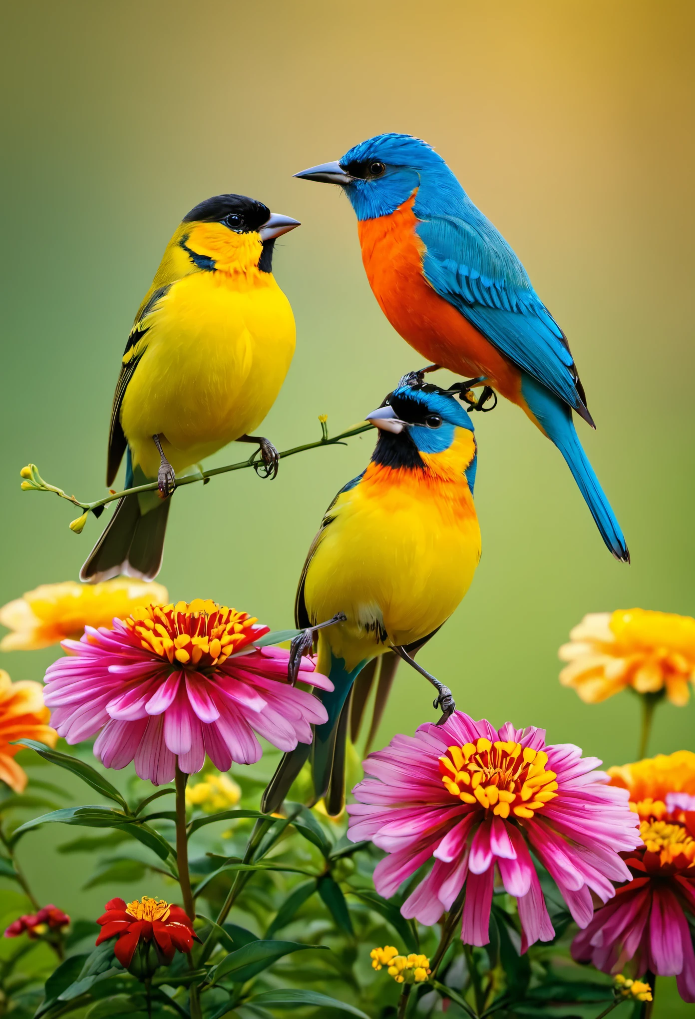 Beautiful birds standing on flowers