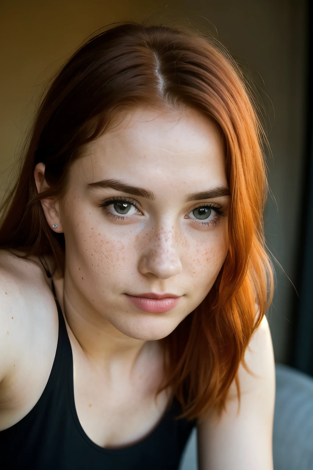 the most realistic, indistinguishable photograph of a 30-year-old woman, close-up, croissant shot, (neutral facial expression), Textured leather, goosebumps, freckles red hair , fitness top with black cotton leggings , several views, Ufa city foreigners, Perfect eyes, (Soft lighting), filmed on infinix