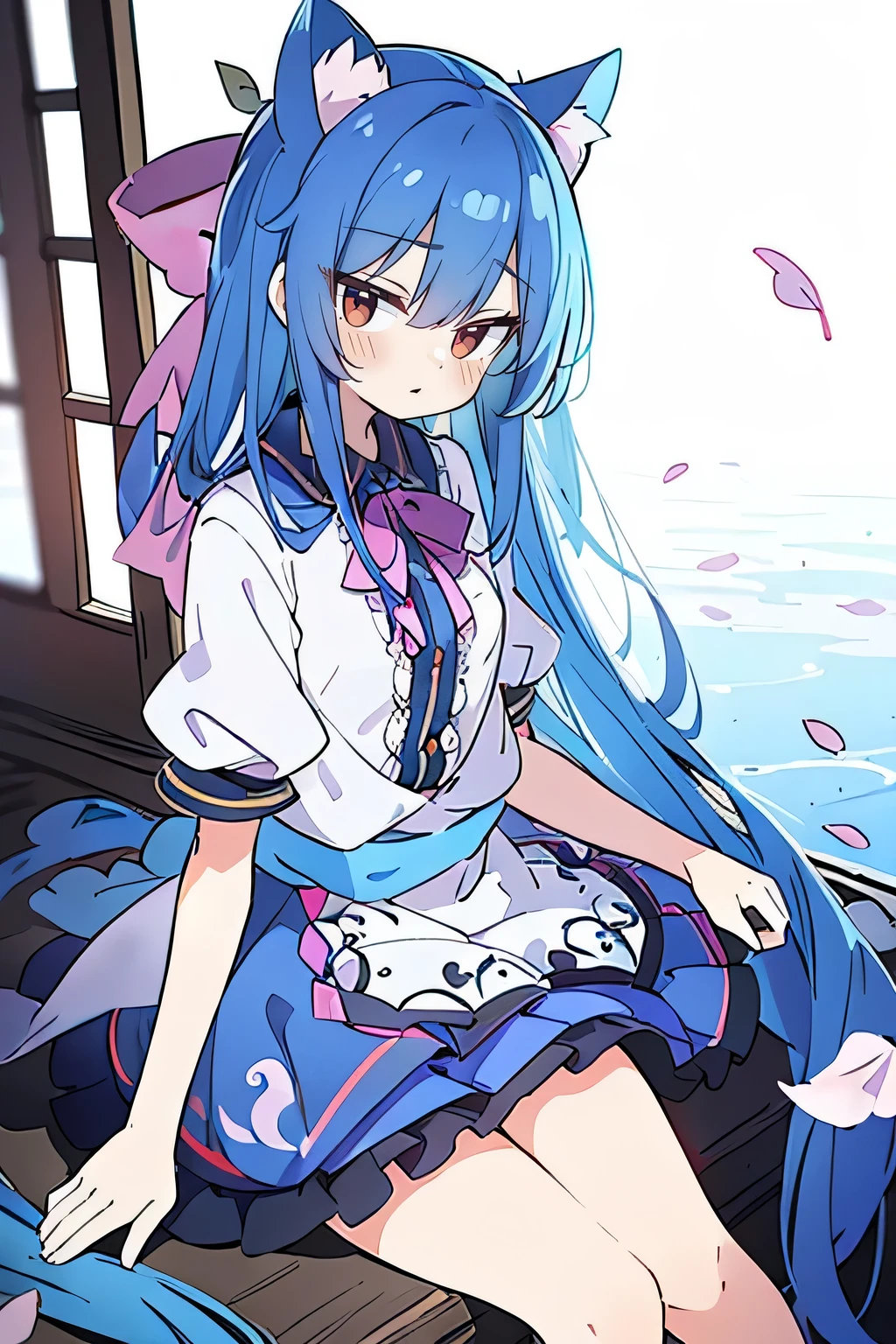(masterpiece:1.2),ultra-detailed,realistic,expressive eyes,fair-skinned,perfectly shaped face,1girl,
Japanese cartoons,Gorgeous blue hair, flowing blue hair,floating clothes,cat ears,petals falling,beautiful Lola,Hina Angel,
hands on waist,gracefully sitting on the ground,legs crossed,gentle and serene background,cool and comfortable pavilion.