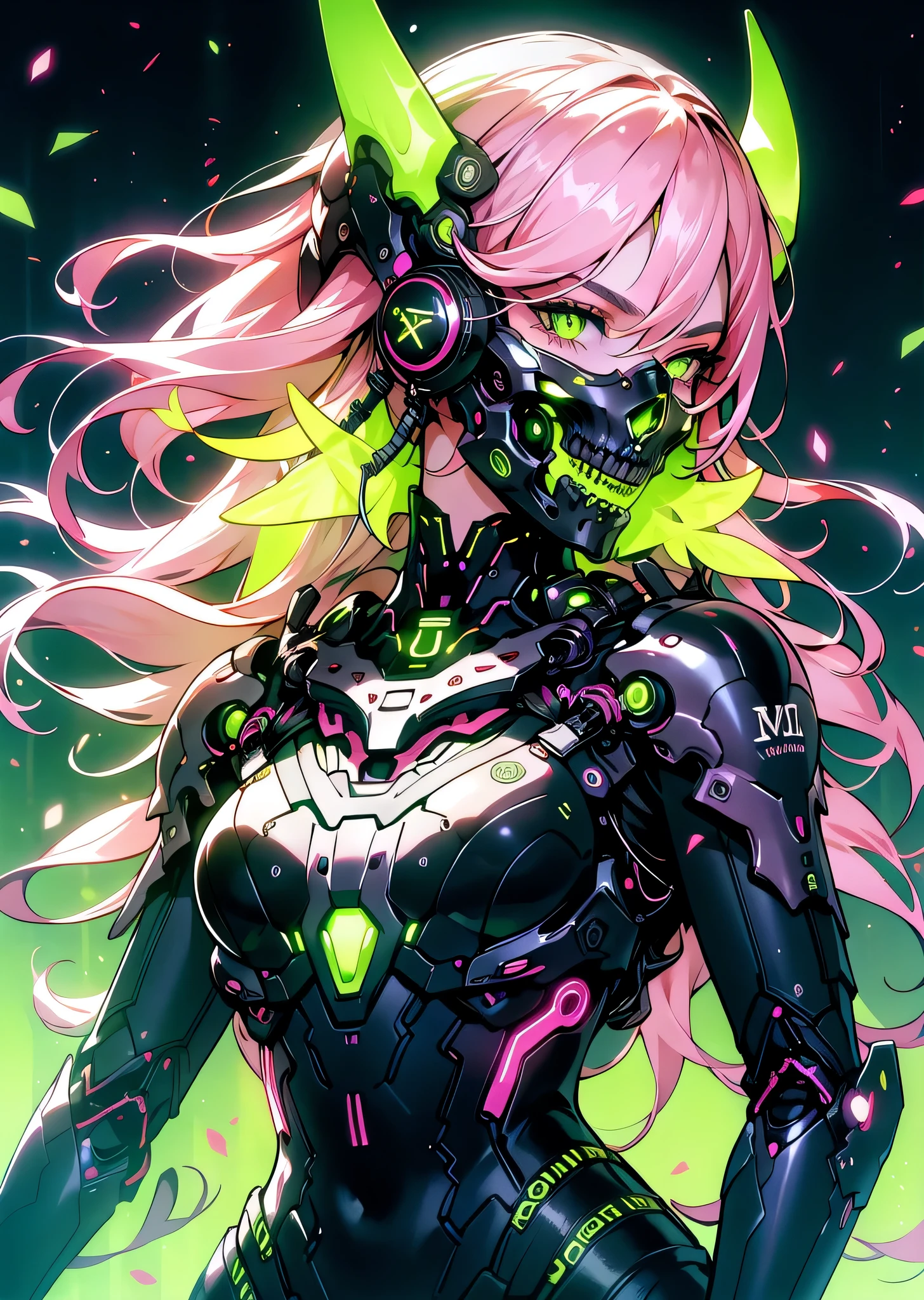 (best quality,highres,masterpiece:1.2),1girl,resting in flower field,pink hair medium hair topknot,glowing eyes,armor,CyberskullAI,illustration,futuristic,ultra-detailed,cyberpunk,floral crown,fantasy armor,digital art,ethereal beauty,sharp focus,cybernetic enhancements,vivid colors,lush vegetation,stunning scenery,luminous atmosphere,neon lights