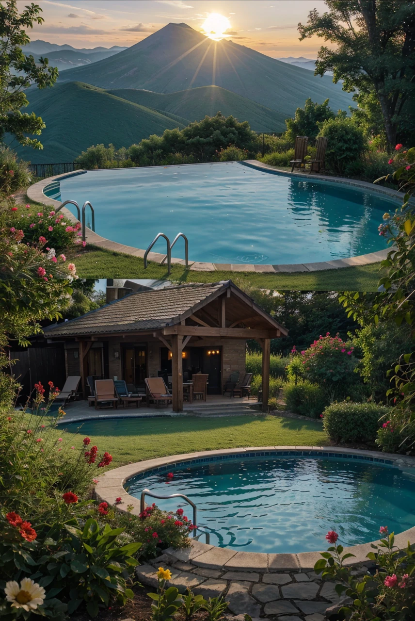 Hous mountain swimming pool flowers sunset