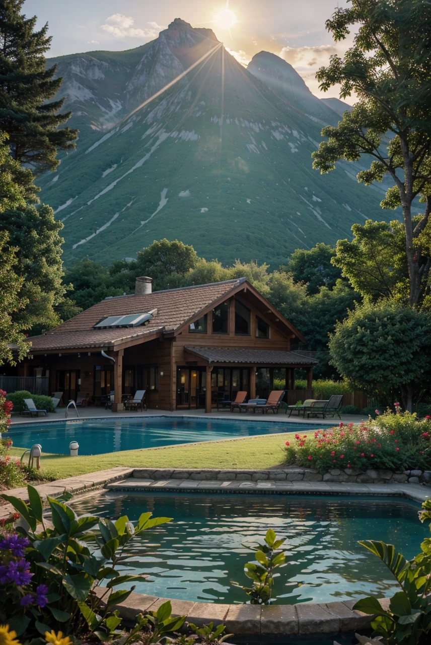 Hous mountain swimming pool flowers sunset