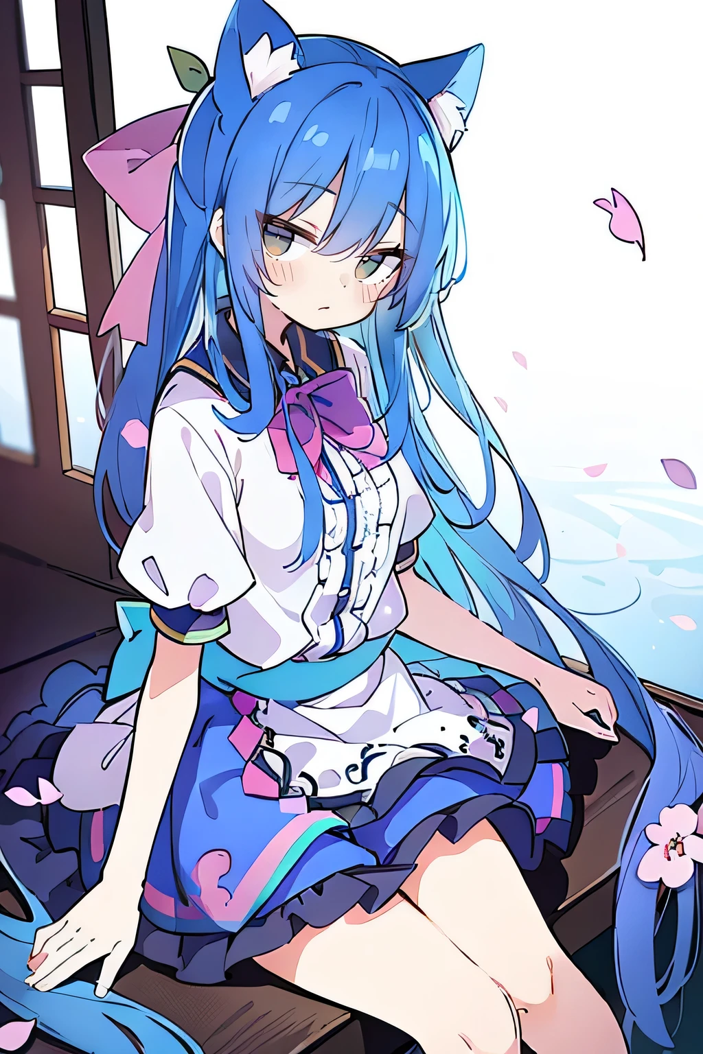 (masterpiece:1.2),ultra-detailed,realistic,expressive eyes,fair-skinned,perfectly shaped face,1girl,
Japanese cartoons,Gorgeous blue hair, flowing blue hair,floating clothes,cat ears,petals falling,beautiful Lola,Hina Angel,
hands on waist,gracefully sitting on the ground,legs crossed,gentle and serene background,cool and comfortable pavilion.