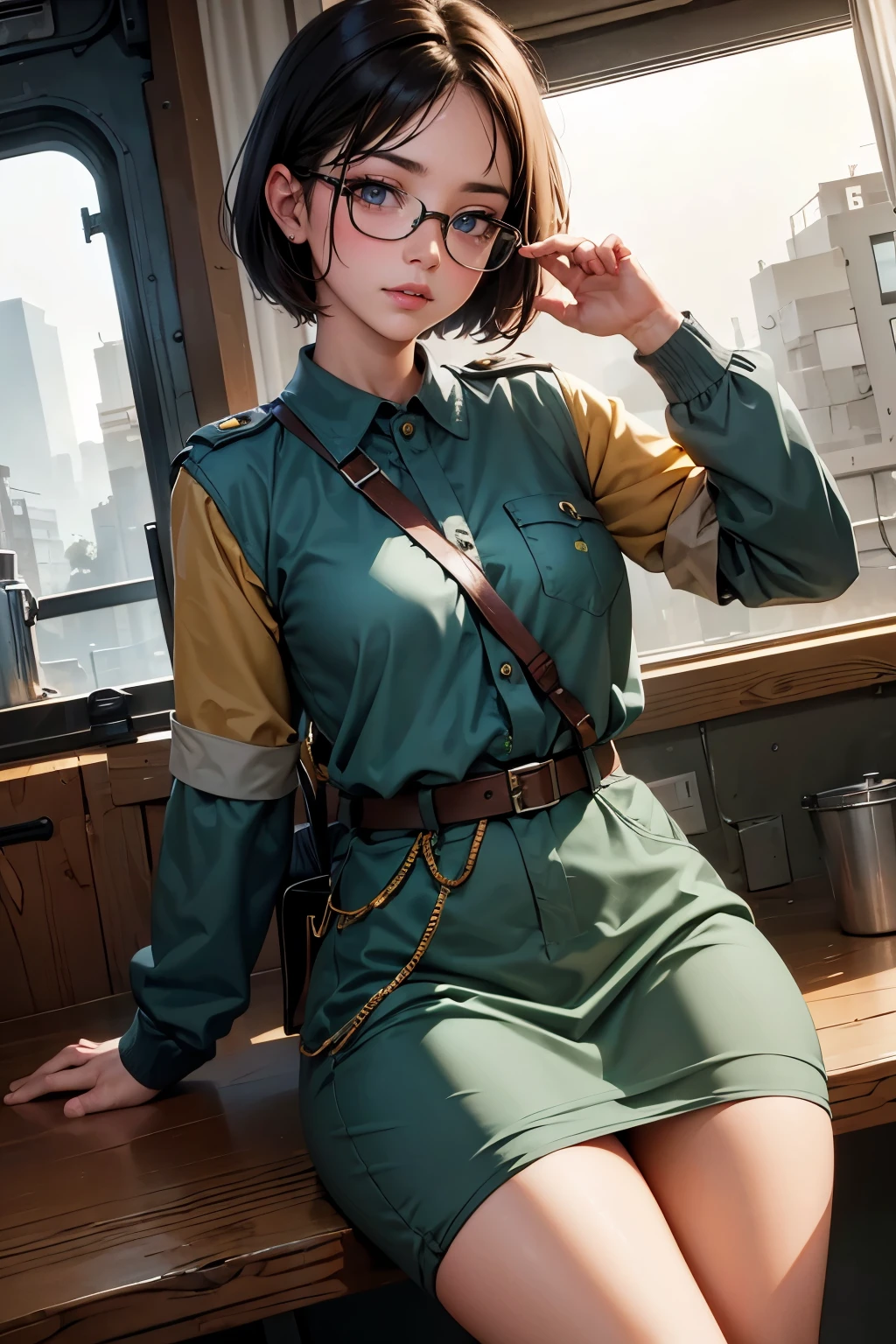 Wide angle, a pretty girl messenger, wearing large glasses, undercut hair, wearing postal uniform, in a post-apocalyptic world