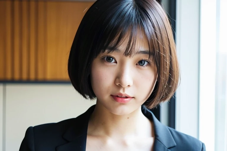 Close-up of a young Japanese woman talking to someone, Modern office, Positive atmosphere,