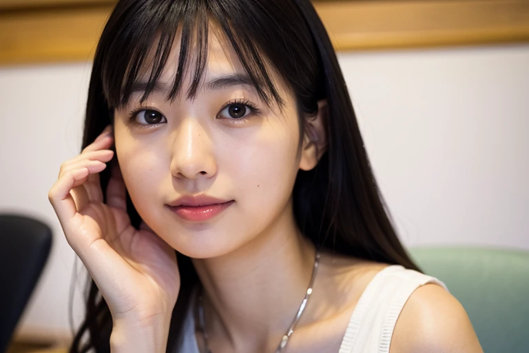 Close-up of a young Japanese woman talking to someone, Modern office, Positive atmosphere,