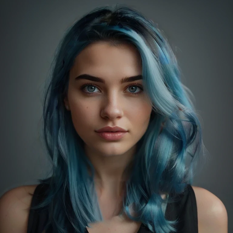 wide angle shot of Breathtaking cinematic photo of a 26 year old girl with blue hair and black eyes, happy, cheerful expression, beautiful lips, gorgeous skin texture, thin face, long thin nose, beautiful perfect face, beautiful body, western face, intense eyes, pink lips, photorealistic, white dress
