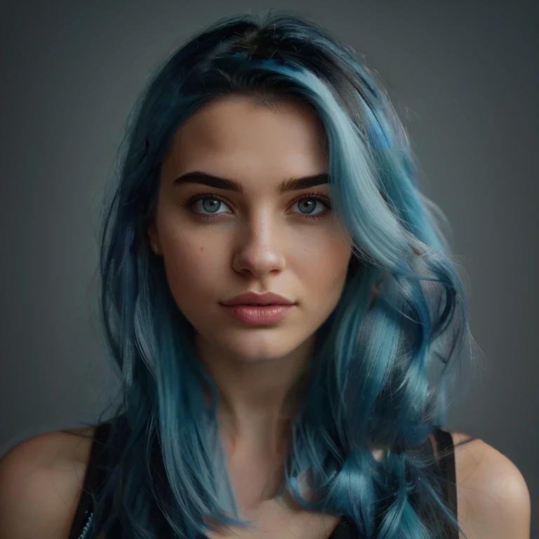 wide angle shot of Breathtaking cinematic photo of a 26 year old girl with blue hair and black eyes, happy, cheerful expression, beautiful lips, gorgeous skin texture, thin face, long thin nose, beautiful perfect face, beautiful body, western face, intense eyes, pink lips, photorealistic, white dress