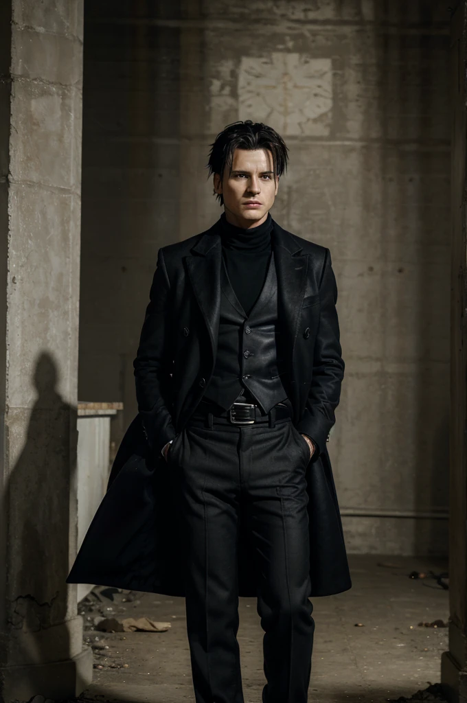 (masterpiece, highest quality:1.2), Cowboy Shot, alone, Men's Center, One boy, Chrollo Lucilfer, Sharp Eyes, Expressionless, Mouth closed, Put your hands in your pockets, Fur trim, Black long coat, Open Court, Long sleeve, Black trousers, jewelry, night, Rubble