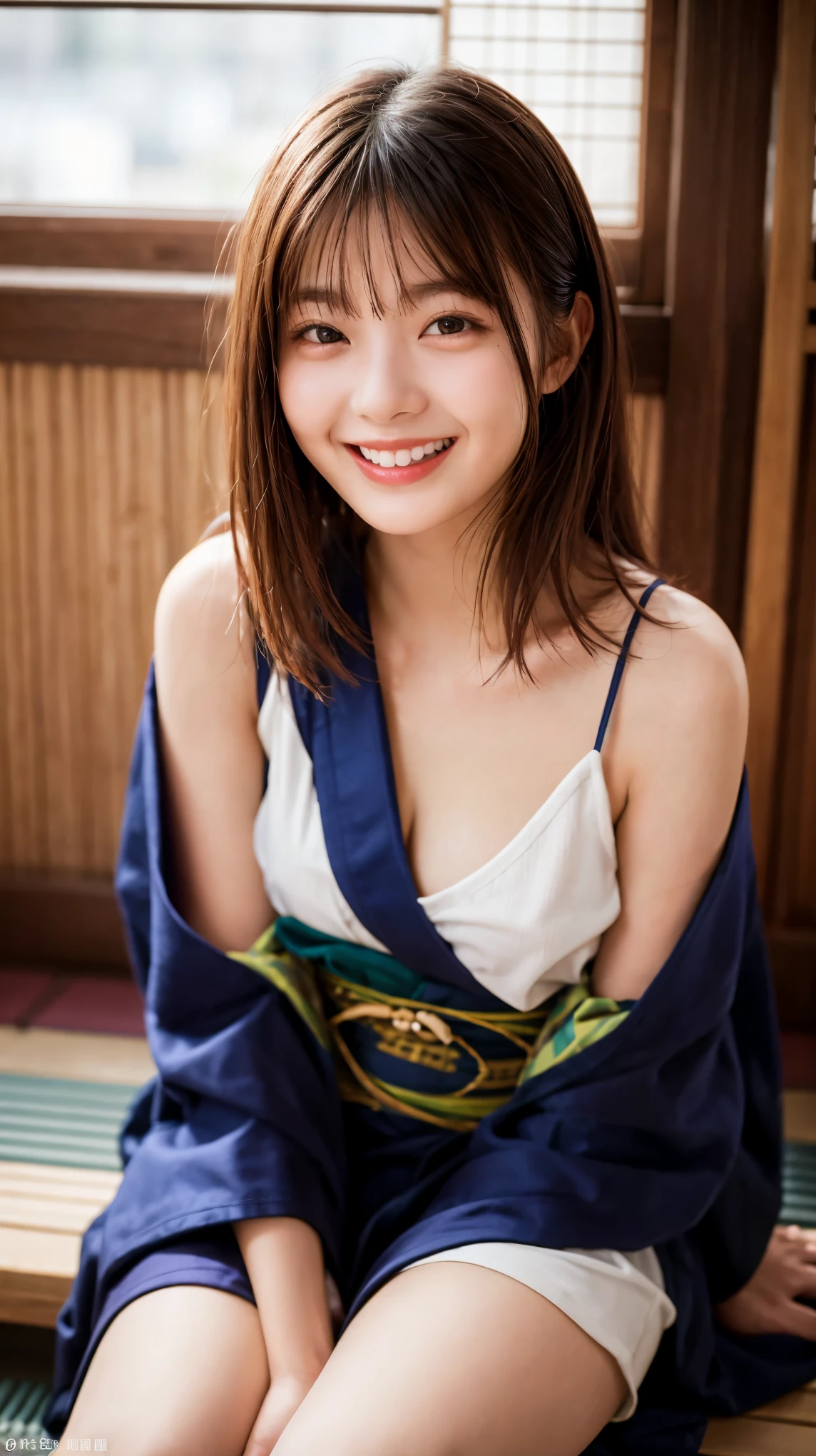 highest quality、4K quality、Man sitting、Young woman sitting on man、Small face、18-year-old、slender、The man puts his hands inside the woman's clothes and grabs her breasts、An open-necked kimono that exposes the shoulders、Laughing with your mouth open(1.3)、Model-like exposed legs、Small breasts