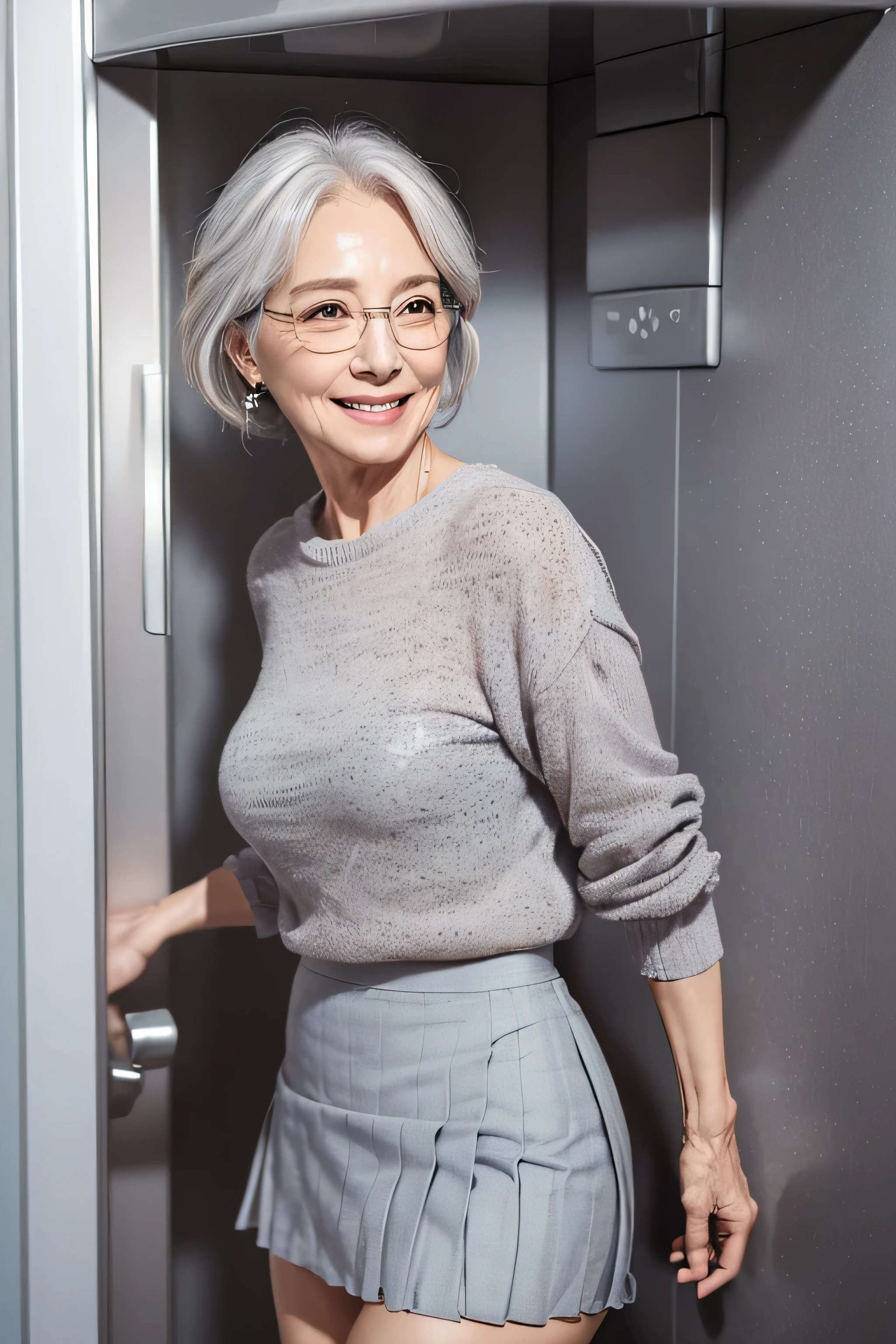 (Masterpiece:1.4),(60-year-old woman:1.4),(Wrinkles on the face1.24),smile,nude,gray hair,square glasses,(skirt by the lift:1.5), (The panties are in full view:1.4)