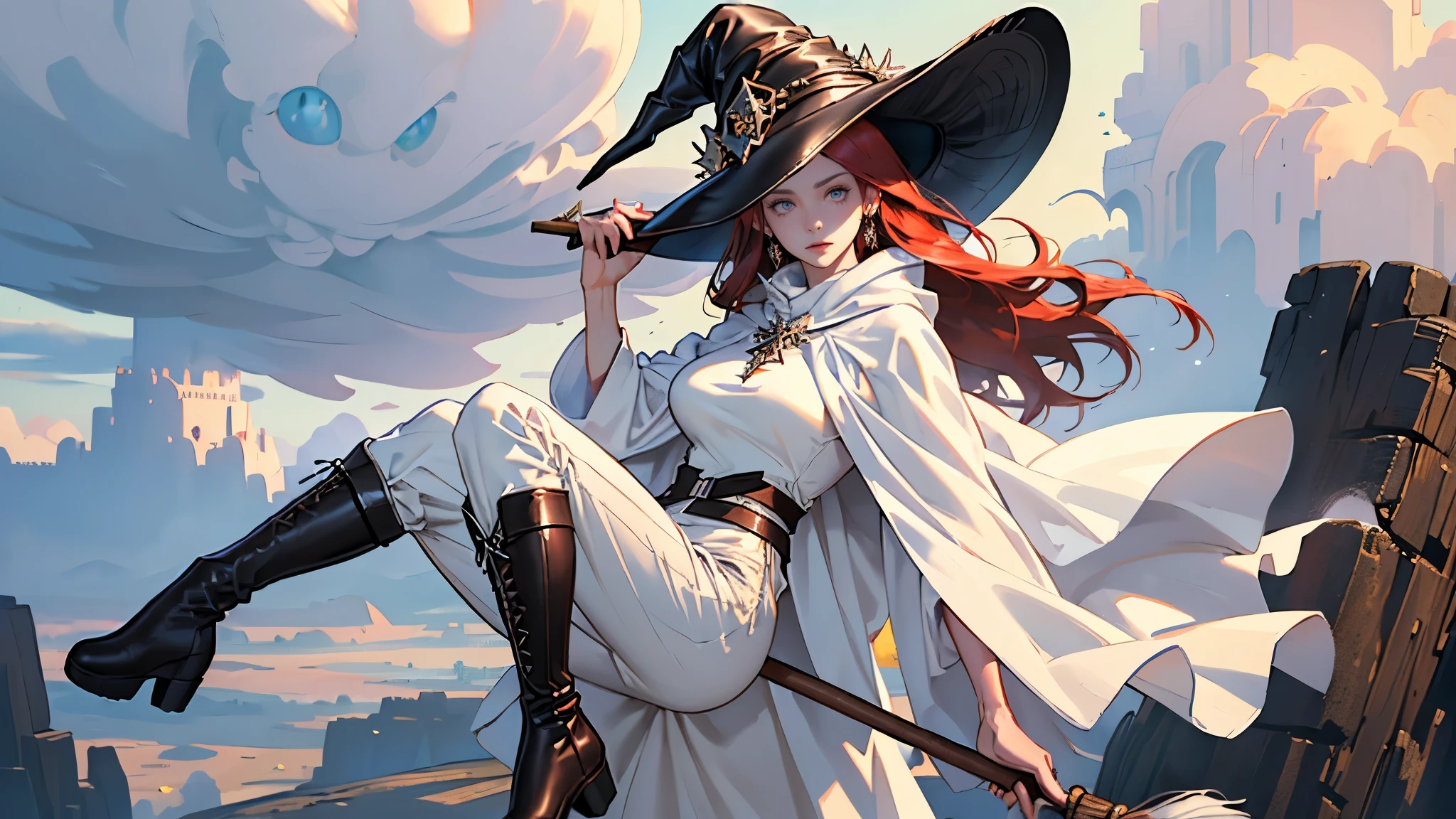 masterpiece, super detailed, 8K portrait, RAW photo, portrait photography, highly detailed face, beautiful and detailed eyes, ((fantasy)), young and beautiful, dynamic pose, (((long dark red straight hair))), ((witch)), white skin color, luxury, crystal necklace, (((Cloudy white silk long cloak))) fluttering in the wind, (((long one-piece tunic))), (((cropped pants)), (((leather boots))), ((fly in the sky on a magic broom)), midday sun, surreal, body model, big breasts, beautiful breasts, long legs, In the sky, environmental lighting, shadow details , Focus the camera on the thigh, strong wind, light fog