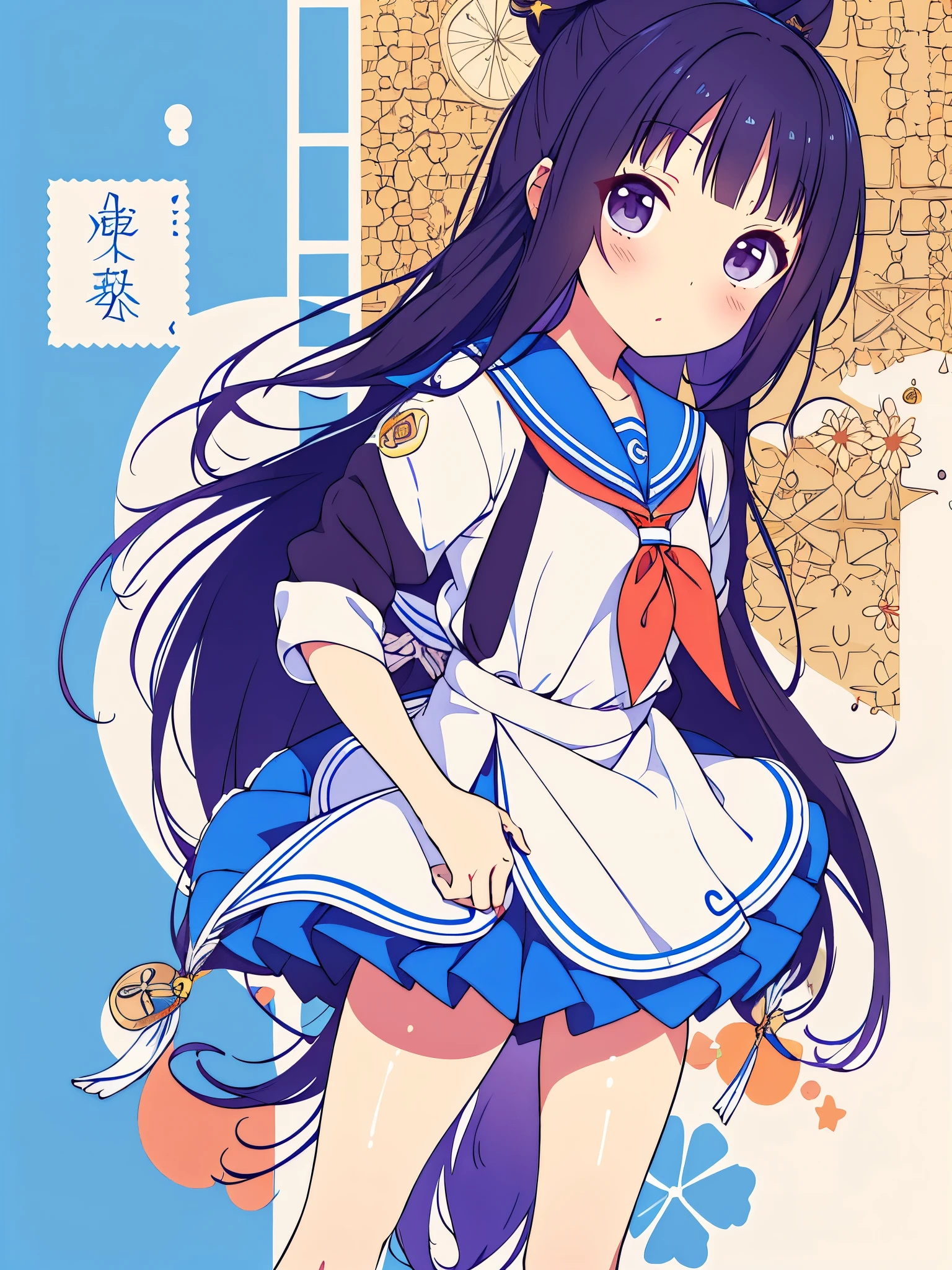 Una chica con un vestido blanco y gafas de pie sobre un suelo azul., an album cover inspired by Narashige Koide, tendencia en pixiv, shin hanga, Moe anime art style, magic school student uniform, nagatoro, hinata hyuga, anime visual de una linda chica, kimi takemura, magical girl style, holoviva, portada de anime