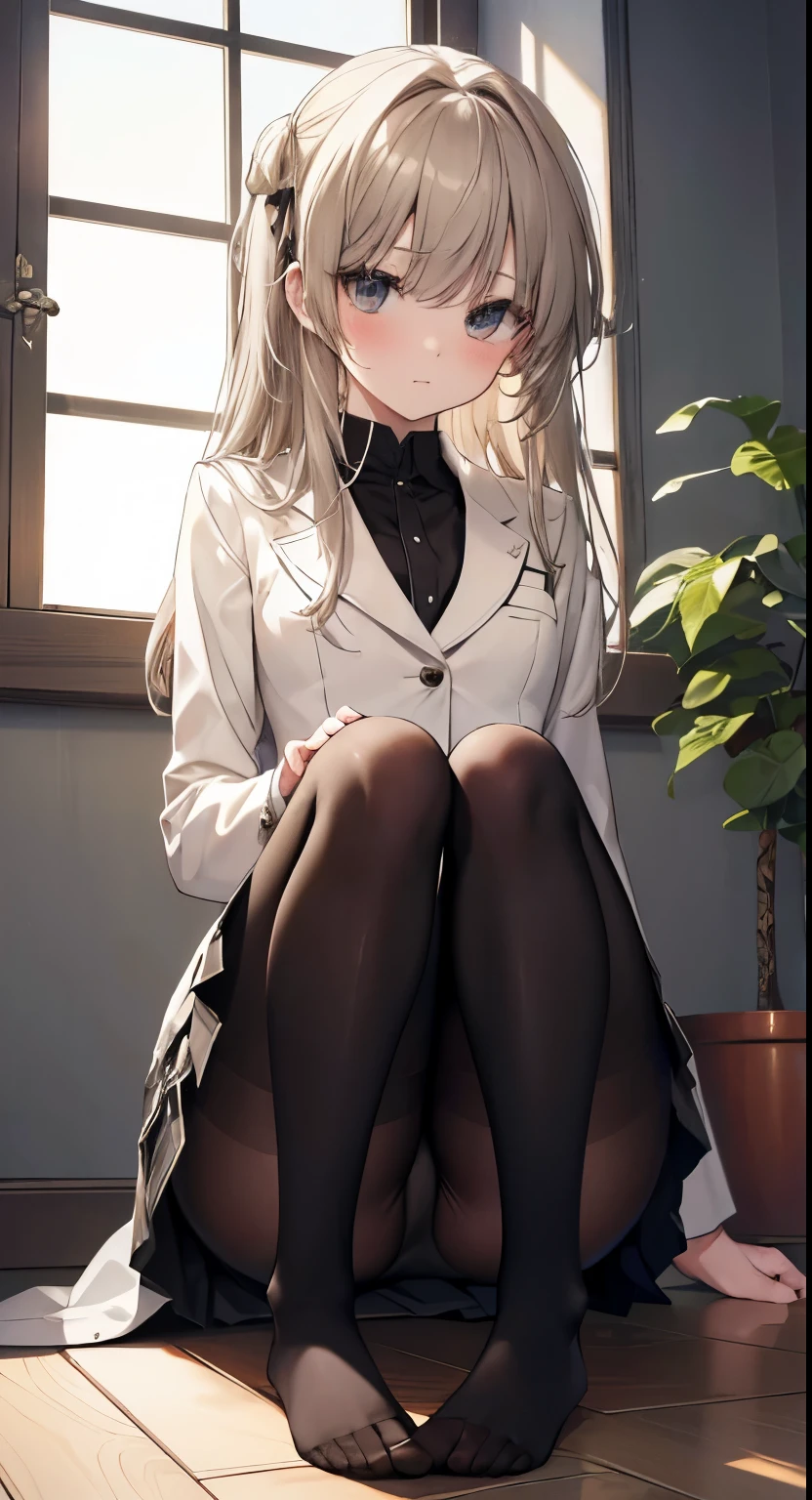 highest quality, masterpiece, High resolution, (Head to Toe full body), front, frontやや下からの構図, Symmetric, 18 year old tall girl, alone, (Head to Toe), (Small breasts), Unkempt brown hair, bangs, (black tights), (Black Pantyhose), (Sit with your legs apart), (Crouching pose), (A work depicting white panties), (Her legs were spread、I see your white pants.), (I was made to sit on the floor with my legs spread....), (M-shaped feet), Thin legs, A very beautiful and tall 18 year old girl, (No shoes), blush, Shy big eyes, Looking at the camera, Blazer uniform, Checkered Pleated Skirt
