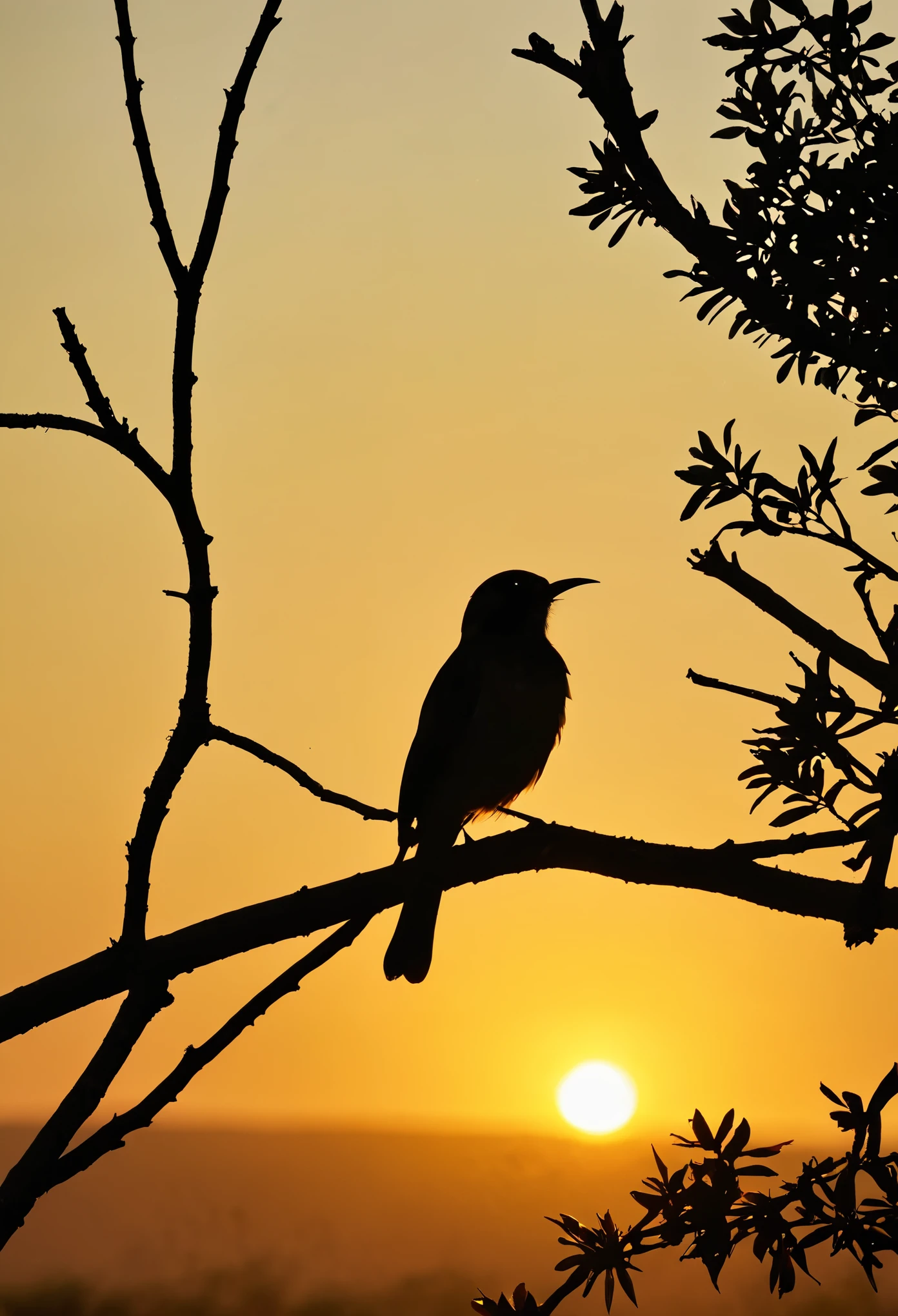 Haz un amanecer con mucha luz en un lugar llano y verdoso , with a bird perched on a branch.