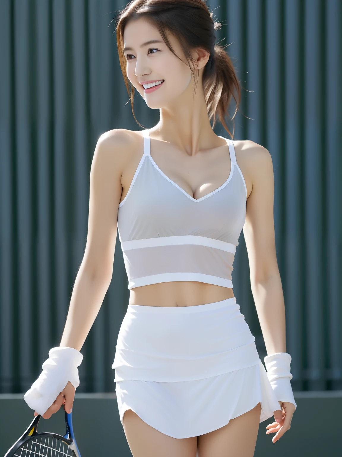 Japanese cute ladies play tennis on tenniswear in tennis court, hot, slim and sexy japanese lady, 22-year old, ((full body portrait:1.3)), RAW photo, women's athletics wear, She bent over with the tennis racket to get ready for the game, best quality, photo-realistic, best quality, masterpiece, an extremely delicate and beautiful, extremely detailed, big breast, sexy camisole top, cleavage, short tennis skirt, slim body, ultra-detailed, high-res, extremely detailed, realistic, 8K, Ultra-High Definition, highest quality, ultra high resolution, (realistic:1.4), High quality texture