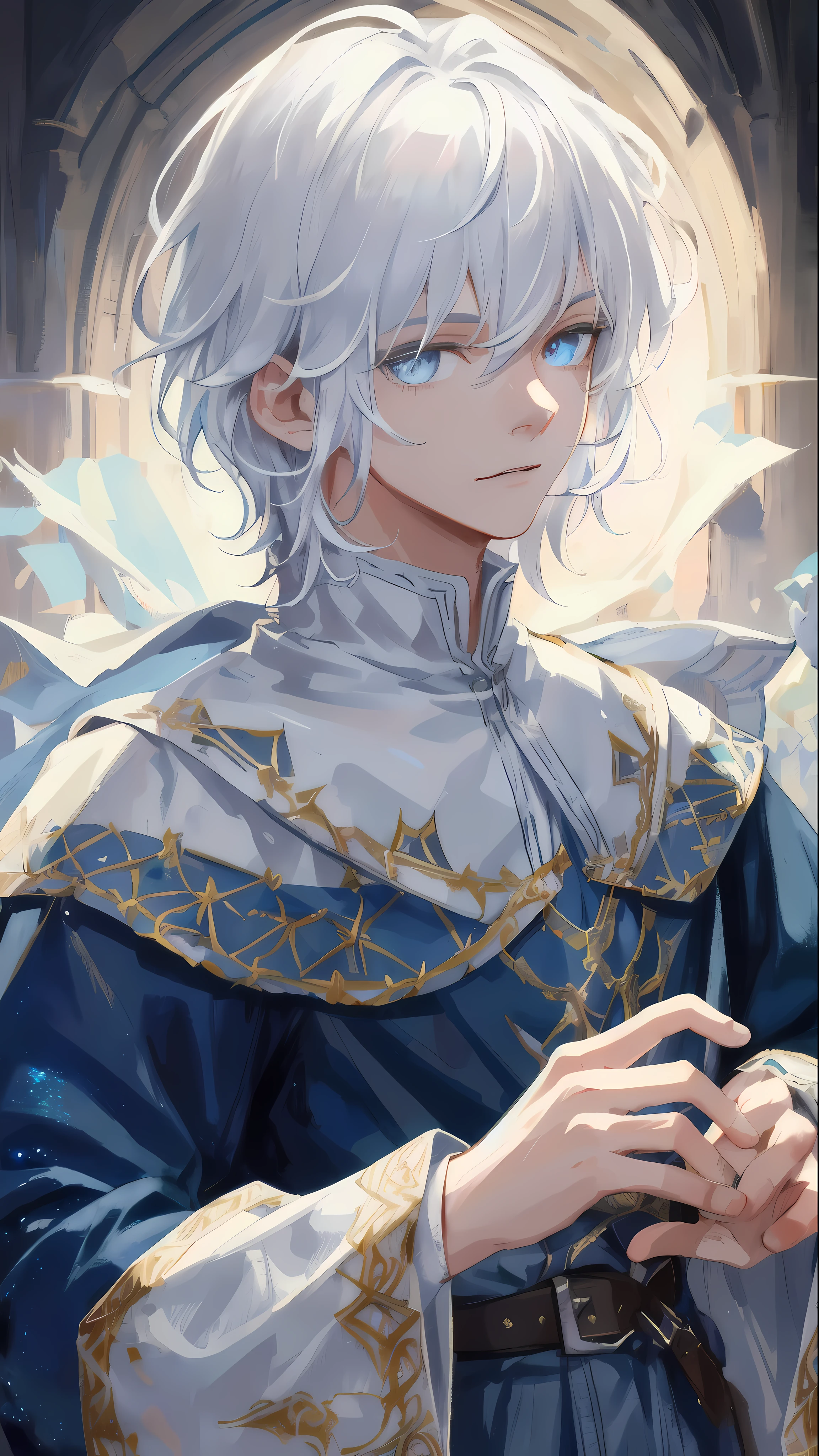 masterpiece, best quality, illustration, medieval clothes, adventurer clothes, white hair, 1boy, handsome, (dynamic lighting:1.2), cinematic lighting, delicate facial features, detailed blue sparkling eyes, sharp pupils, realistic pupils, depth of field, bokeh, sharp focus, (hyper-detailed, bloom, glow:1.4), many small gems