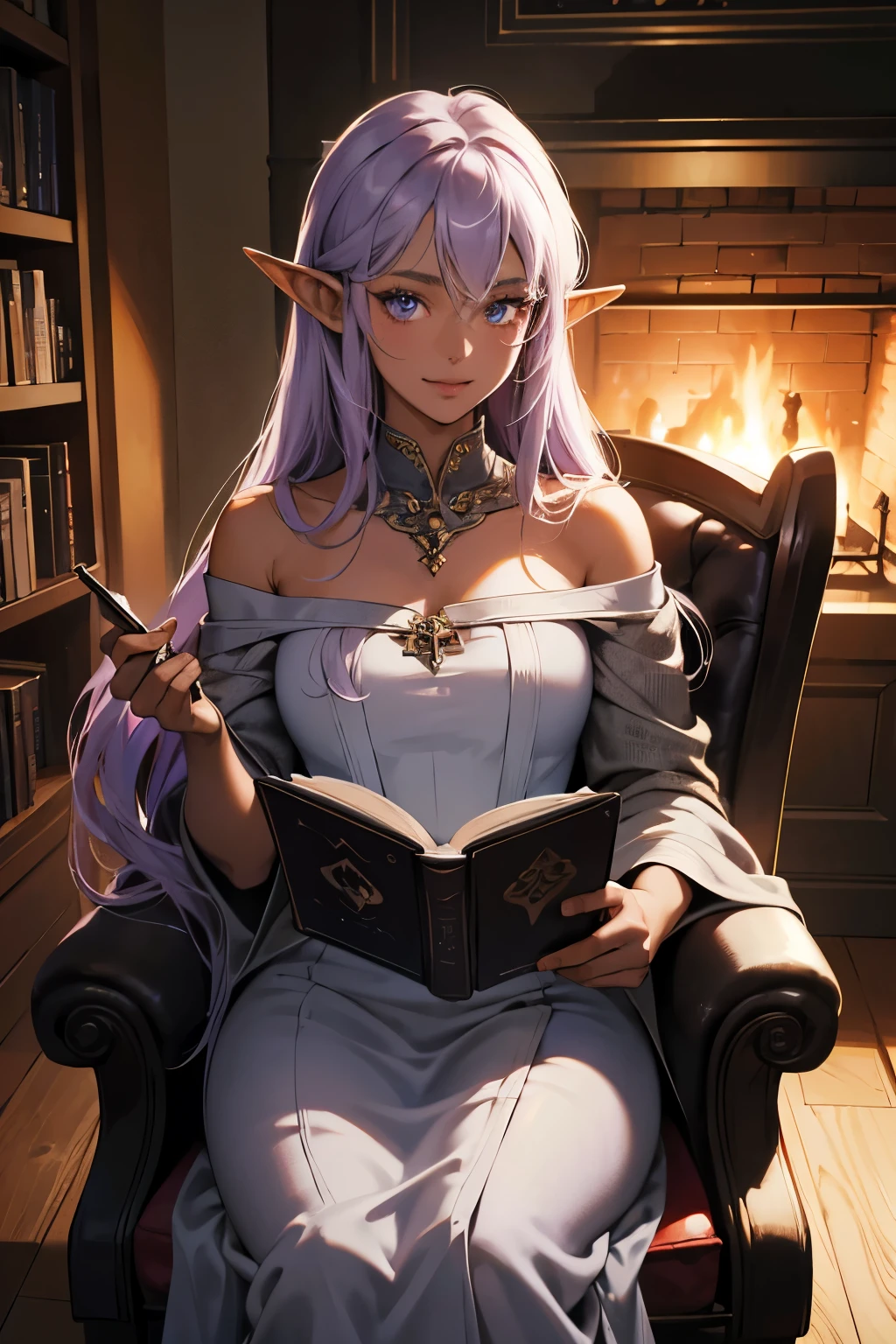 (absurdres, highres, ultra detailed),Masterpiece,intricate details,Best quality,8k,Realistic face,Realistic skin texture,magnified textures, stunning clarity, anime girl,kind girl,ultra detailed eyes and faces,(elf ears),(dark skin:1.5),light purple hair,long hair,smile,22 years old,off-the-shoulder top,long skirt,reading a book,(look at viewer),tsurime,(fireplace),cozy mood,(medieval fantasy),Rockin' Chair,Bookshelf,cinematic lighting,(night:1.2),faint light,darkness