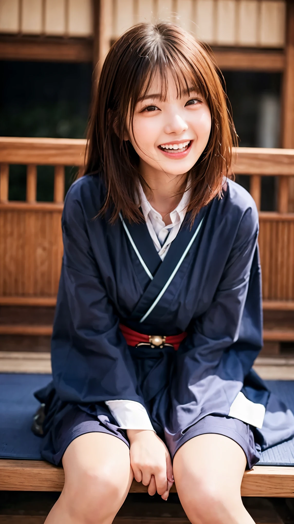 highest quality、4K quality、Man sitting、Young woman sitting on man、Small face、18-year-old、slender、Man grabs woman's chest、A Japanese open-necked kimono that exposes the thighs、Laughing with your mouth open（1.3）、Model-like exposed legs、Her  is exposed through her open collar