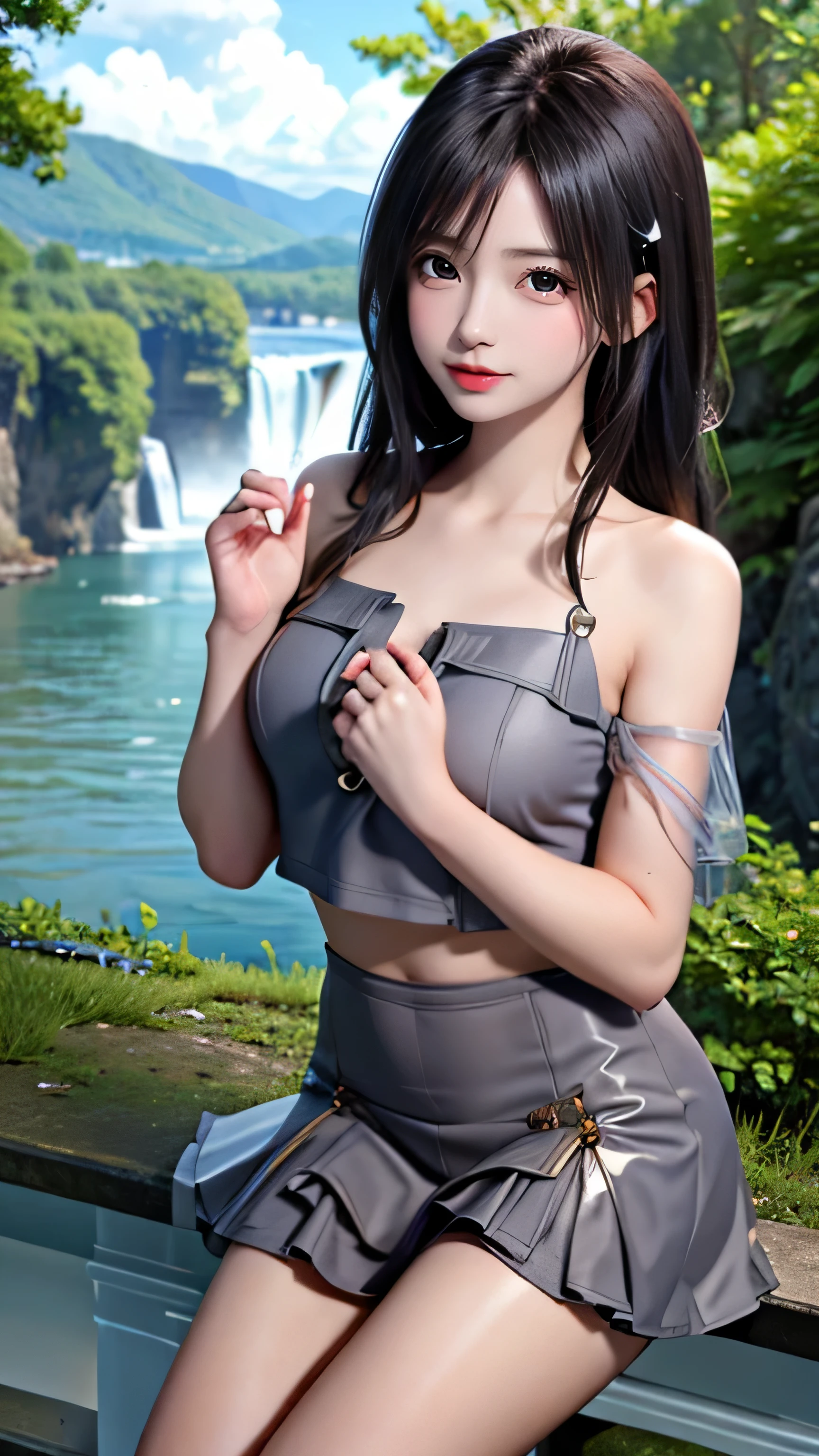 masterpiece, 最high quality, high quality, Very detailed CG Unity 8k wallpaper, landscape, Outdoor, null, cloud, null, Supermodel,(Transparent and shiny light grey pantyhose),Transparent pantyhose,Beautiful feet,High-contrast photos,Cute embroidered off-shoulder mini dress,Brown Hair,bangs,beautiful girl,Adorable expression,Perfect Shape,group,idol group, Mountain, landscape, water, wood, blue null, waterfall, cliff, nature, lake, river , cloudy skies, Award-winning photography, Bokeh, Written boundary depth, High resolution, bloom, chromatic aberration, Photorealism, Very detailed, ArtStation Trends, Trending on CGSociety, Complex, Attention to detail, dramatic, Art on the road