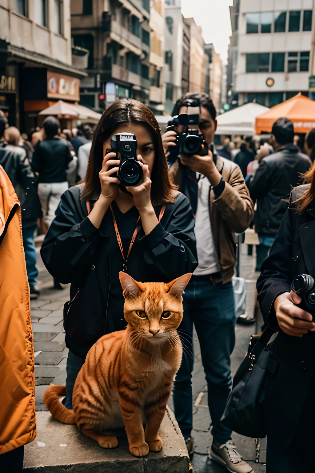 a lot of people standing around using phone and camera take a picture of orange cat