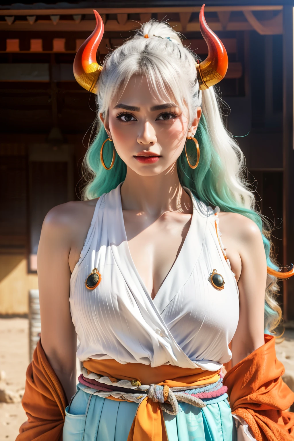 ultra realistic 8k cg, masterpiece, ((ultra detailed background, delicate pattern, intricate detail)), (highly detailed, fine details), best quality, (photorealistic:1.4),beautiful lighting,  absurdres, RAW photo, film grain, ((medium breasts, slim girl)), Yamato, long hair, 1girl, horns, white hair, solo, oni, red horns, curled horns, hair ornament, (multicolored horns), jewelry, earrings, japanese clothes, kimono, hair stick, sleeveless, bare shoulders, aqua hair, sidelocks, hoop earrings, hakama, ((orange eyes, slim girl, medium breasts)), (complex detailed background, barren land, moon, cowboy shot),
