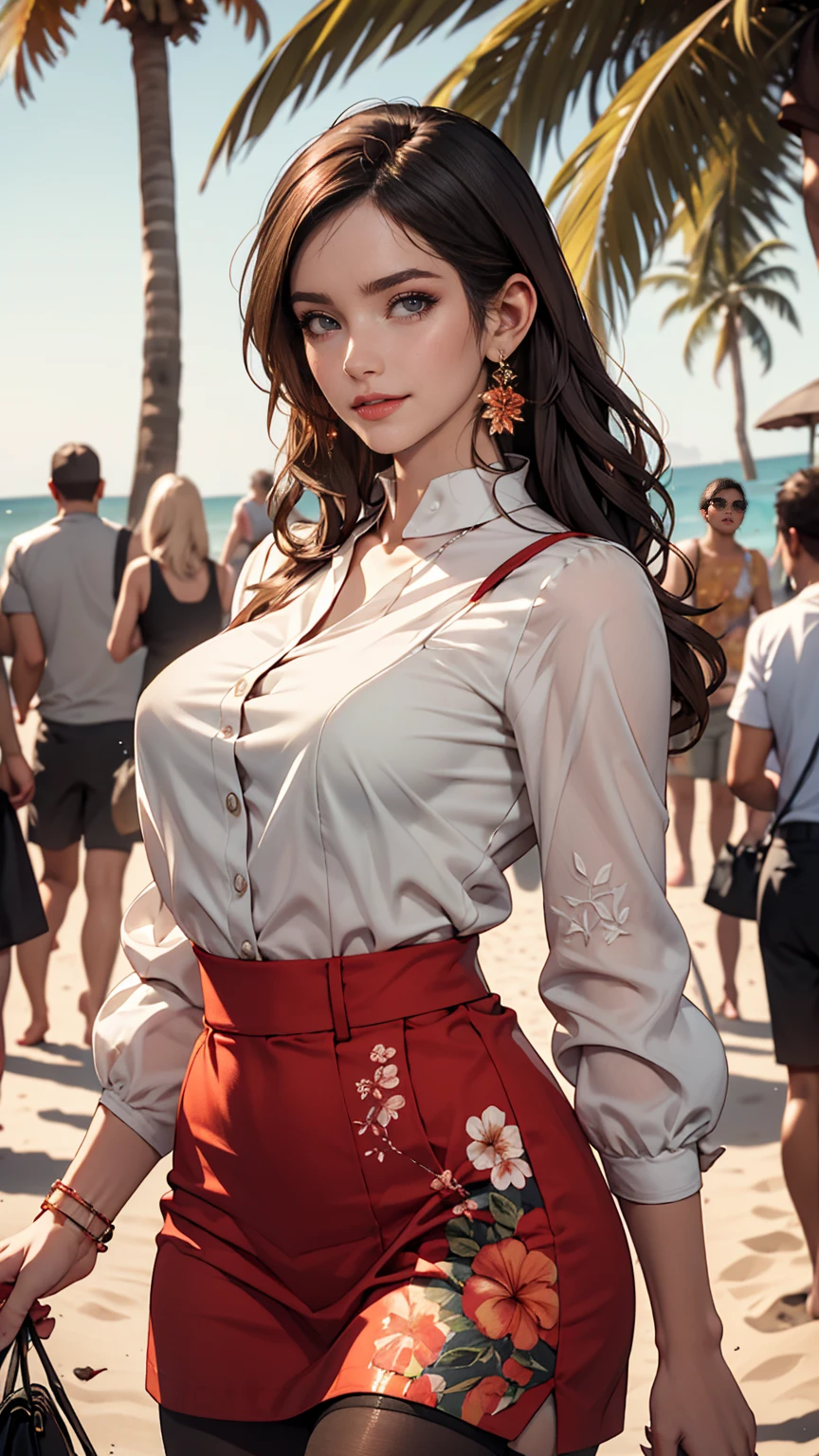 alone, whole body,Earrings, eyelash, pantyhose,, (Beach,(Palm tree),crowd,(White shirt), Floral print,Red lips),Sexy and provocative smile,, (Shiny skin:1.05),(blush:0.9),(Skin dents:1.15),Realistic, masterpiece, highest quality, High resolution,Absurd, (Perfect Face:1.1), (Sharp focus:1.1),,  Trending on Artstation, Trending on CGSociety, Complex, Attention to detail, Sharp focus, dramatic,