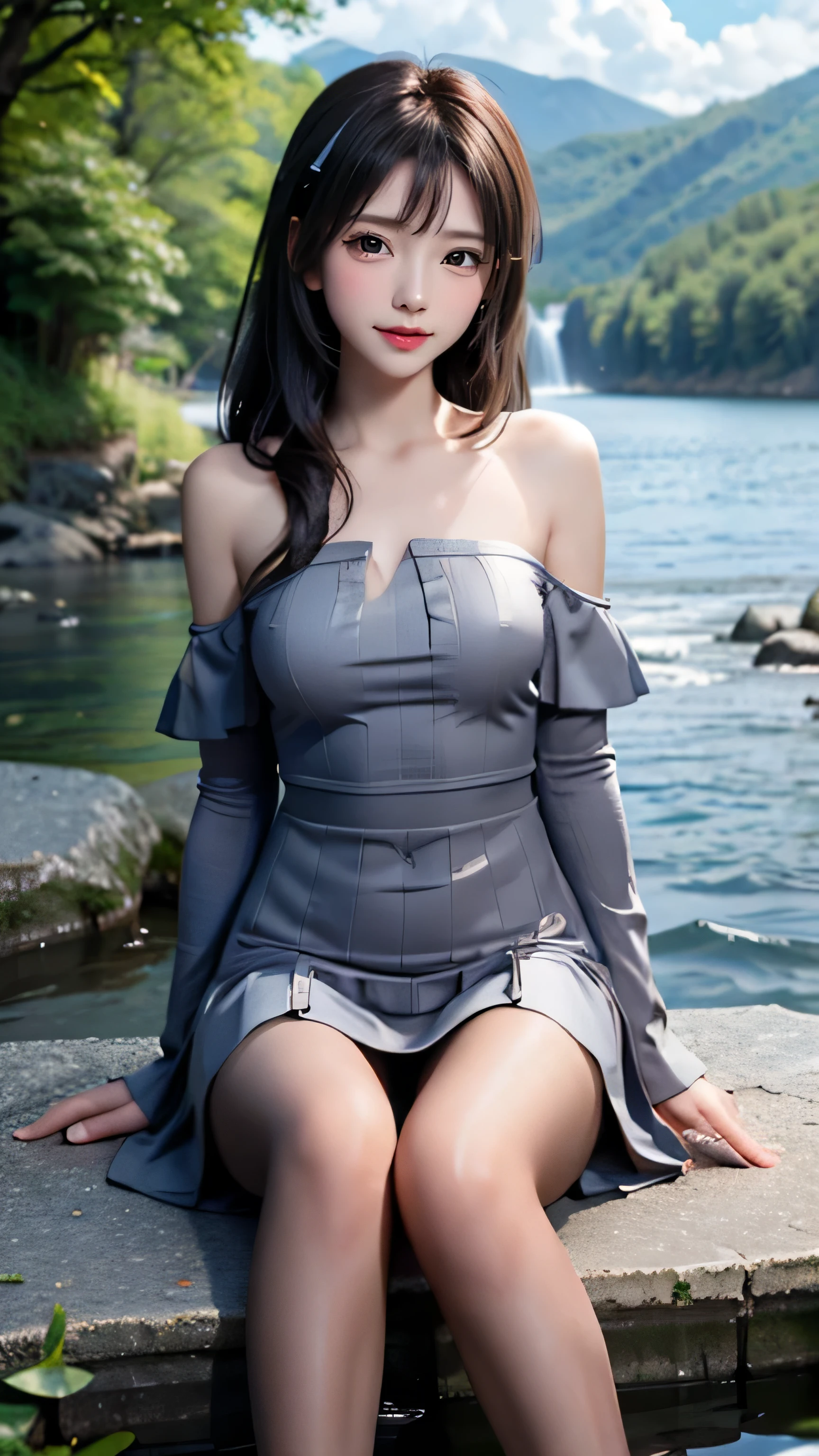 masterpiece, highest quality, Very detailedなCG,8k resolution,wallpaper, landscape, Outdoor, null, cloud, null, Supermodel,(Transparent, shiny, thin light grey pantyhose),All-through pantyhose,Beautiful feet,Slim body,High-contrast photos , Off-the-shoulder mini dress,Brown Hair , bangs, beautiful girl,Adorable expression,Perfect Shape,group,idol group, Mountain, landscape, water, wood, blue null, waterfall, cliff, nature, lake, river , cloudy skies, Award-winning photography, Bokeh, Written boundary depth, High resolution, bloom, Photorealism, Very detailed, ArtStation Trends, Trending on GSociety, Complex, Attention to detail, dramatic, Art on the road