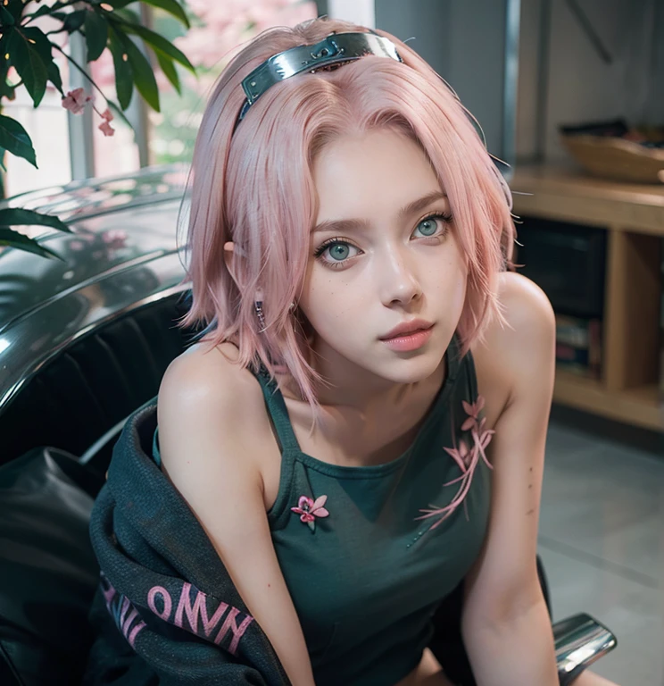young woman, short shoulder-length pink hair, wide forehead, porcelain skin, pink eyebrows, big emerald green eyes, buttoned nose, full lips, heart-shaped face, slender body, small breasts, red tank top, Sakura Haruno , realistic, realism, details, 3d, well detailed
