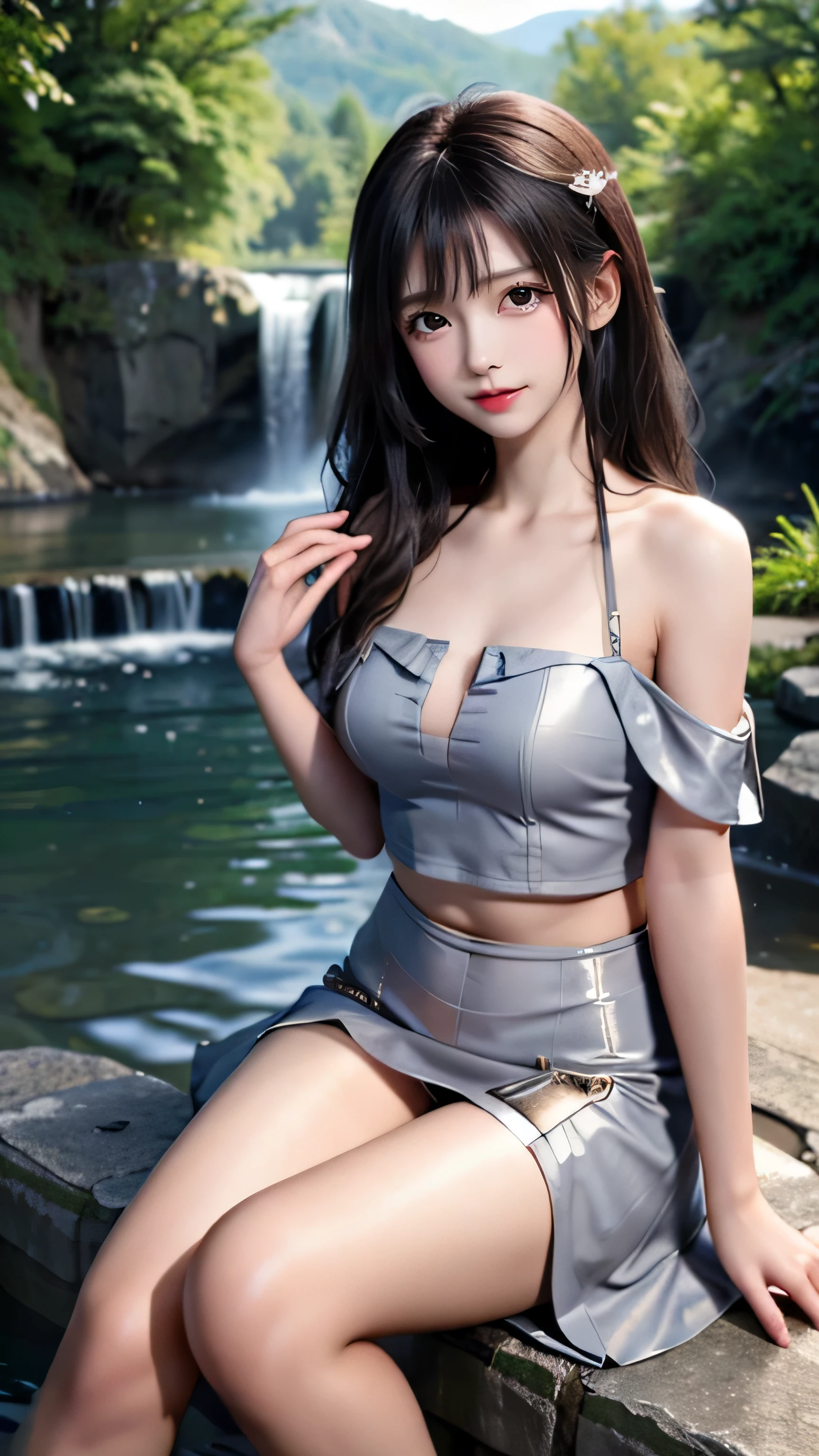 masterpiece, highest quality, Very detailedなCG,8k resolution,wallpaper, landscape, Outdoor, null, cloud, null, Supermodel,(Transparent, shiny, thin light grey pantyhose),All-through pantyhose,Beautiful feet,Slim body,High-contrast photos , Off-the-shoulder mini dress,Brown Hair , bangs, beautiful girl,Adorable expression,Perfect Shape,group,idol group, Mountain, landscape, water, wood, blue null, waterfall, cliff, nature, lake, river , cloudy skies, Award-winning photography, Bokeh, Written boundary depth, High resolution, bloom, Photorealism, Very detailed, ArtStation Trends, Trending on GSociety, Complex, Attention to detail, dramatic, Art on the road