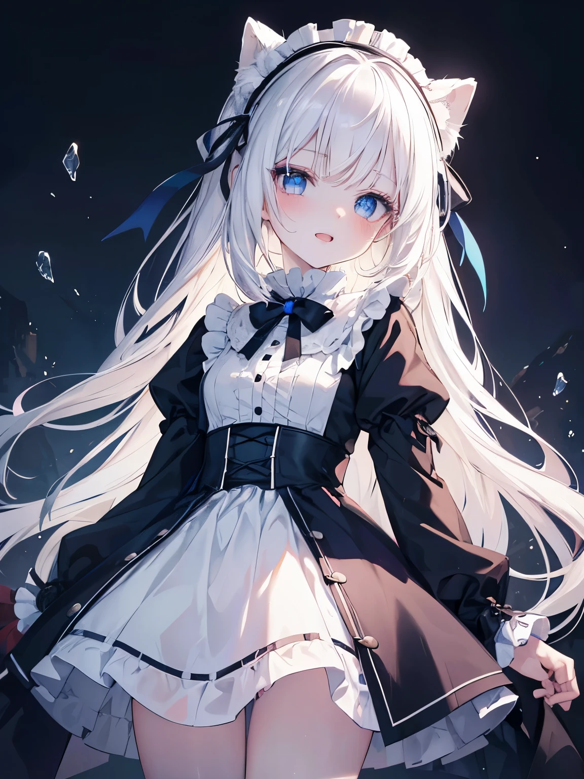 Masutepiece, Highest Quality, (Perfect face:1.1), (high detailing:1.1), (ultradetailed eyes),Dramatic,superfine illustration,Extremely detailed,1girl in,ager,(pale skin),long white hair,Ethereal eyes,Simple eyes,empty eyes,Blue eyes,blush,Solo,Smile,Happy,Laugh,Enjoy, Open mouth,Pouty lips,Cinematic lighting, Looking at Viewer, Cowboy Shot, looking up,Long sleeve,Gothic lolifrilld,bow ribbon,knee high socks