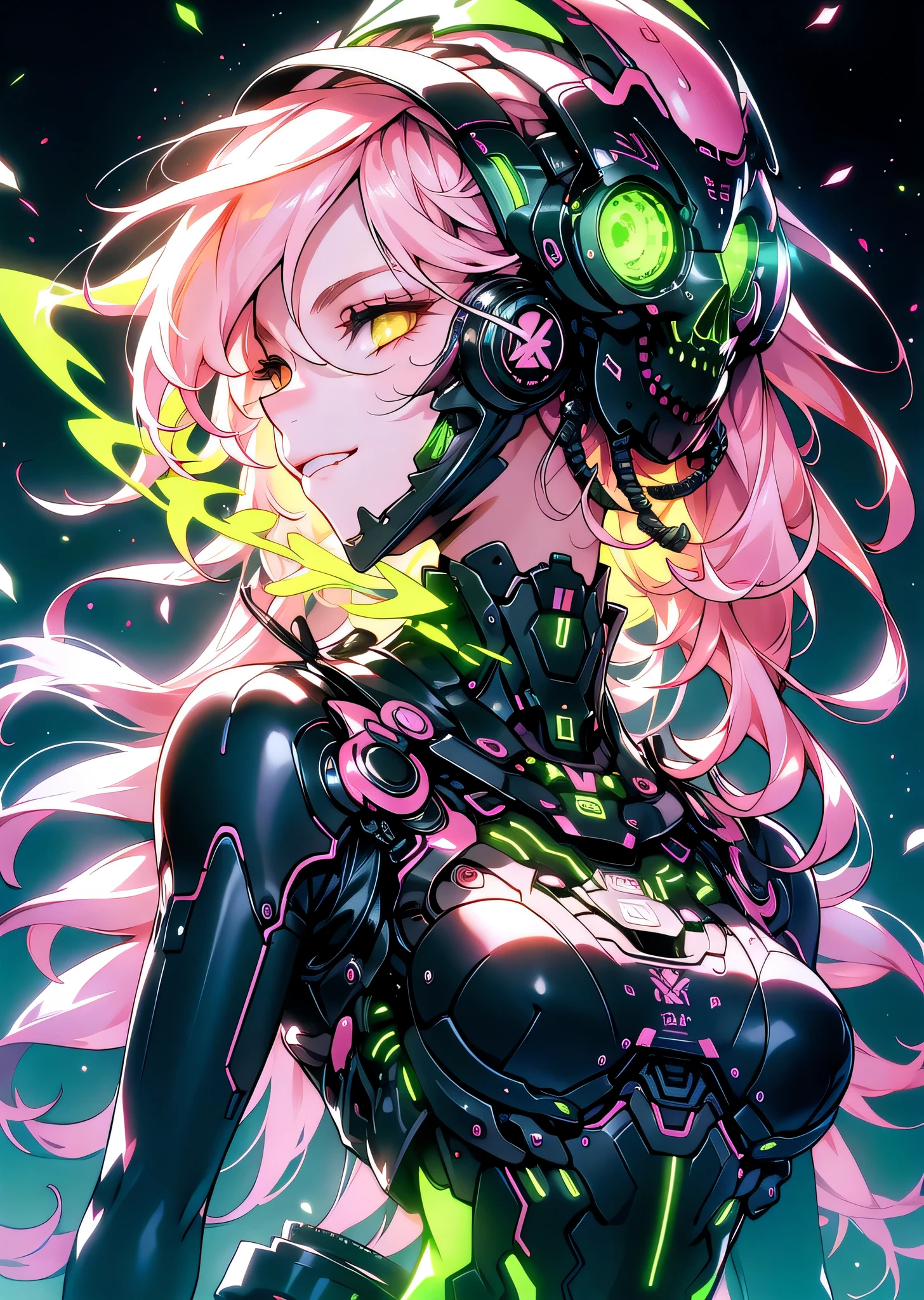 (best quality,highres,masterpiece:1.2),1girl,resting in flower field,pink hair medium hair topknot,glowing eyes,armor,CyberskullAI,illustration,futuristic,ultra-detailed,cyberpunk,floral crown,fantasy armor,digital art,ethereal beauty,sharp focus,cybernetic enhancements,vivid colors,lush vegetation,stunning scenery,luminous atmosphere,neon lights