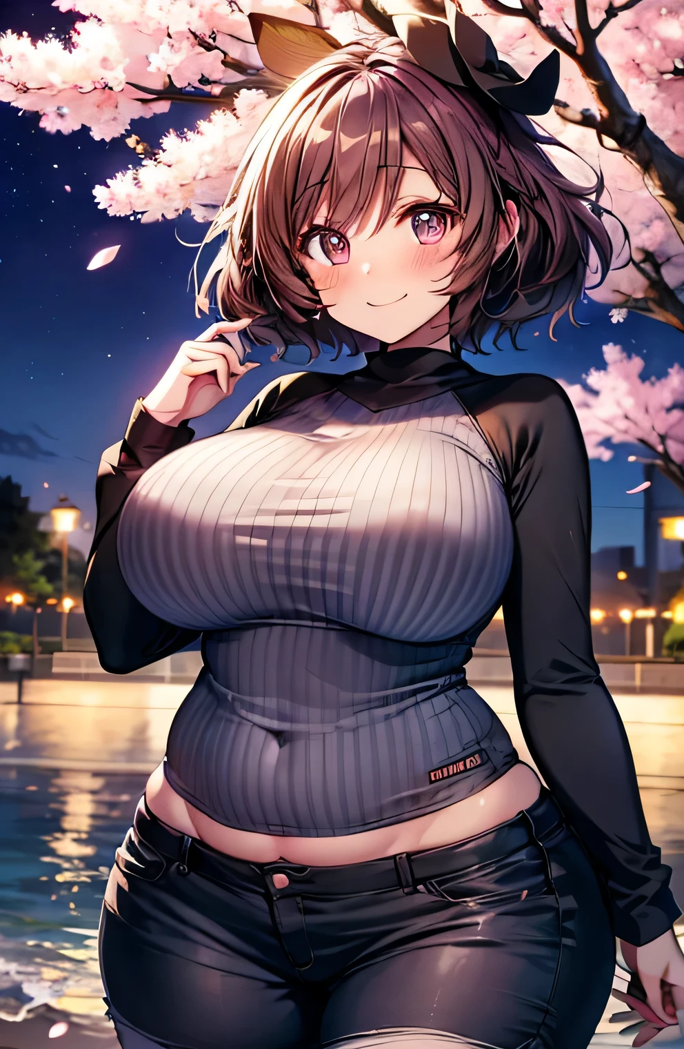 Anime illustration、highest quality、A short and plump high school girl、Night Park、Illuminated cherry blossoms、Cherry-blossom viewing、Rash guard、hot pants、Perfect proportions、overwhelmingly big breasts、Beautiful, shining eyes、Cowboy Shot、Blushed、smile