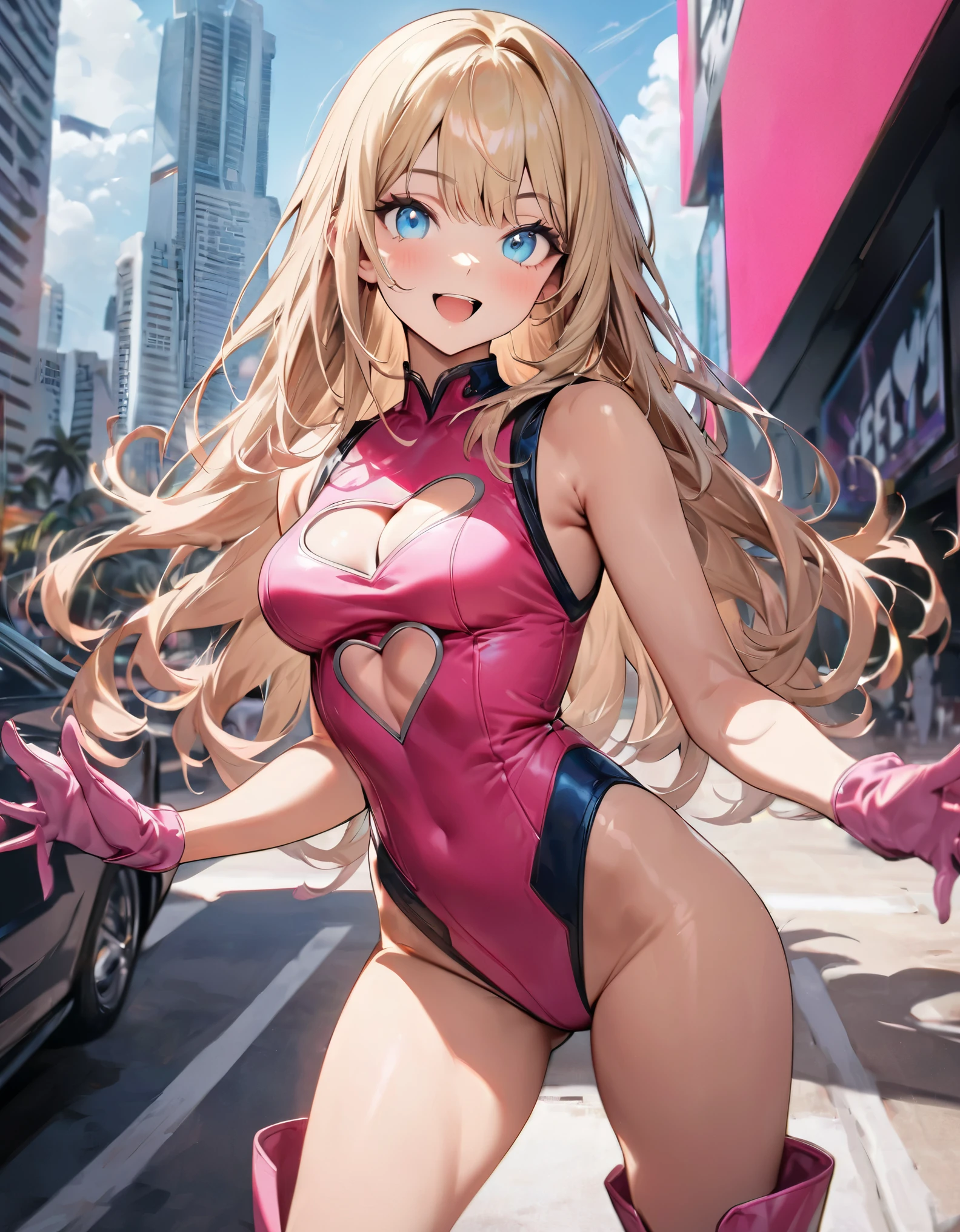 ((masterpiece)), ((best quality)), ((high res)), 1girl, solo, solo focus, (leotard, perfect leotard, pink leotard, sleeveless, bare legs), matching boots, looking at the viewer, miami city backdrop, perfect eyes, perfect legs, perfect arms, perfect hands, complete fingers, perfect anatomy, perfect proportions, medium breasts, (blonde hair, long hair, hair down, bangs), knee boots, blue eyes, beautiful detailed eyes, beautiful detailed face, cute face, (one cleavage heart cutout), pink gloves, pink footwear, superhero, casual, smile, single, standing, standing straight, full body with costume, :d