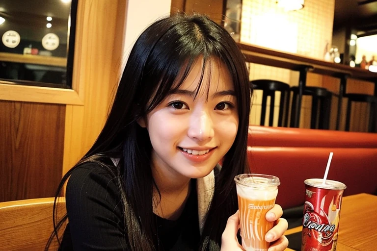 A young Japanese woman talking to someone,sitting in a restaurant,Close-up, smile, Positive atmosphere,spaghetti,Cola