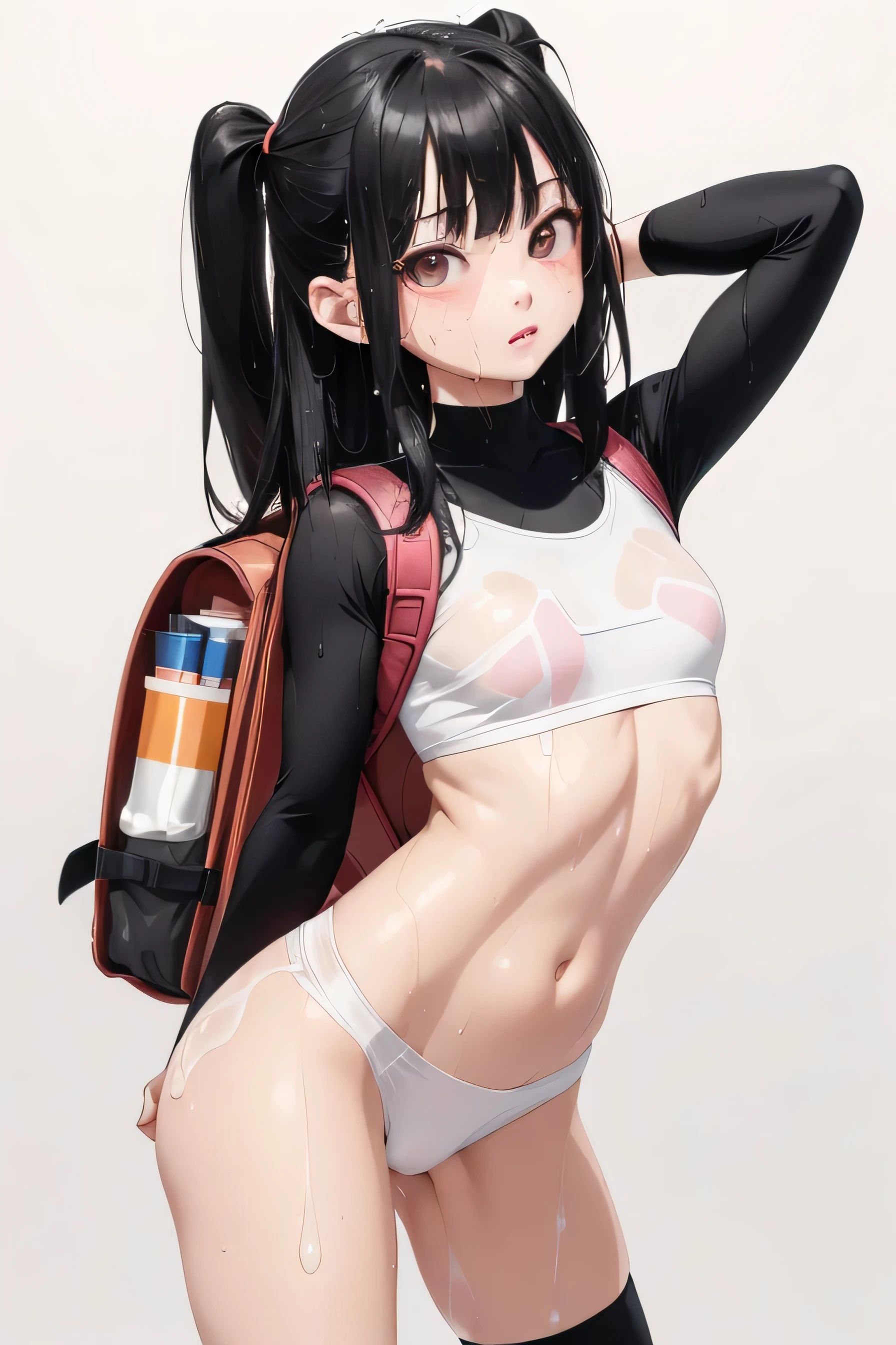 8 year old girl, Solitary, Front view, Cowboy shooting, Long hair, Double tail, Black Hair, bangs bangs, Brown pupils, Long eyelashes, beautiful eyes, (flat chest), lips, Thin legs, permanent, hair clipss, swimsuit, Knee socks, Backpack, Detailed description, best quality, masterpiece, 16K, Photo-realistic,(((Ultra-thin clothing))),(Body model),((Flesh outline)),blush,frown slightly,Hyperactive expression,(crotch display),Nipple stickers,Stickers,Fluid between thighs、flowing liquid,Shirts that cover the upper hips,Clothing that fits snugly,Chest contour,(((Wet clothing)))