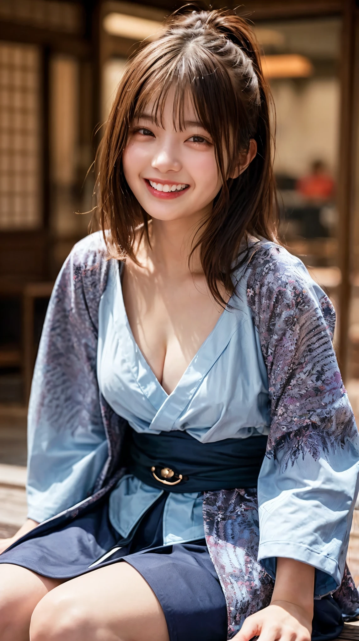 highest quality、4K quality、Man sitting、Young woman sitting on man、Small face、18-year-old、slender、Man grabs woman's chest、A Japanese open-necked kimono that exposes the thighs、Laughing with your mouth open（1.3）、Model-like exposed legs、