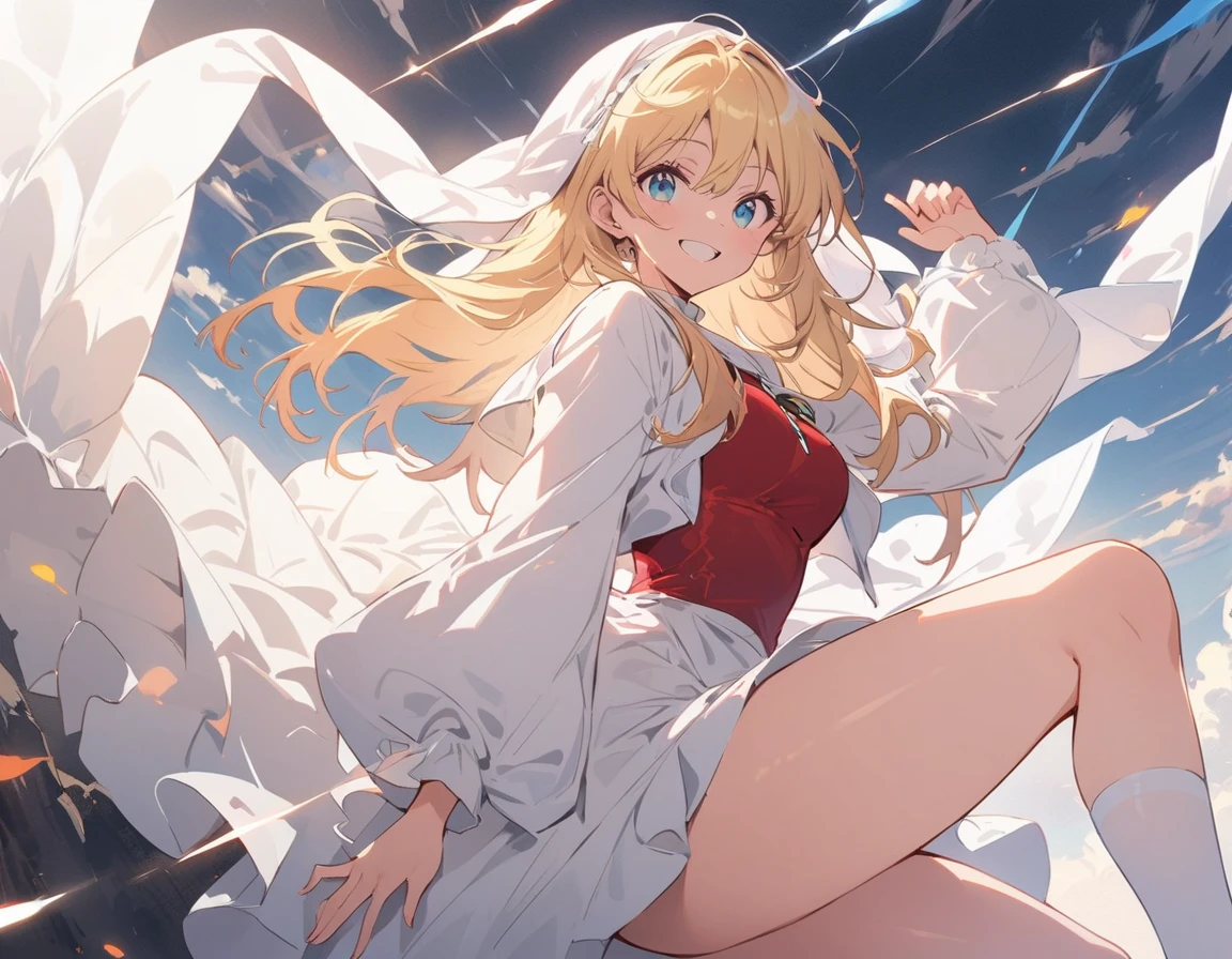 (非常にdetailedな 、 8k wallpaper,masterpiece, highest quality, 非常にdetailedな),(Best lighting, Best Shadow, Very delicate and beautiful),floating,(Beautiful woman、Blonde Hair、Sister clothes)、(Nuns:1.3)、(Costume with slits)、(Thighs)、(Flying kick towards the audience:1.4)、Smiling、(highest quality、masterpiece、High resolution、detailed)、animeスタイル、Flat Style,Beautiful Eyes, Delicate and beautiful face, BREAK,extremely detailed、Dynamic Angle、anime、fullbody、action、Western