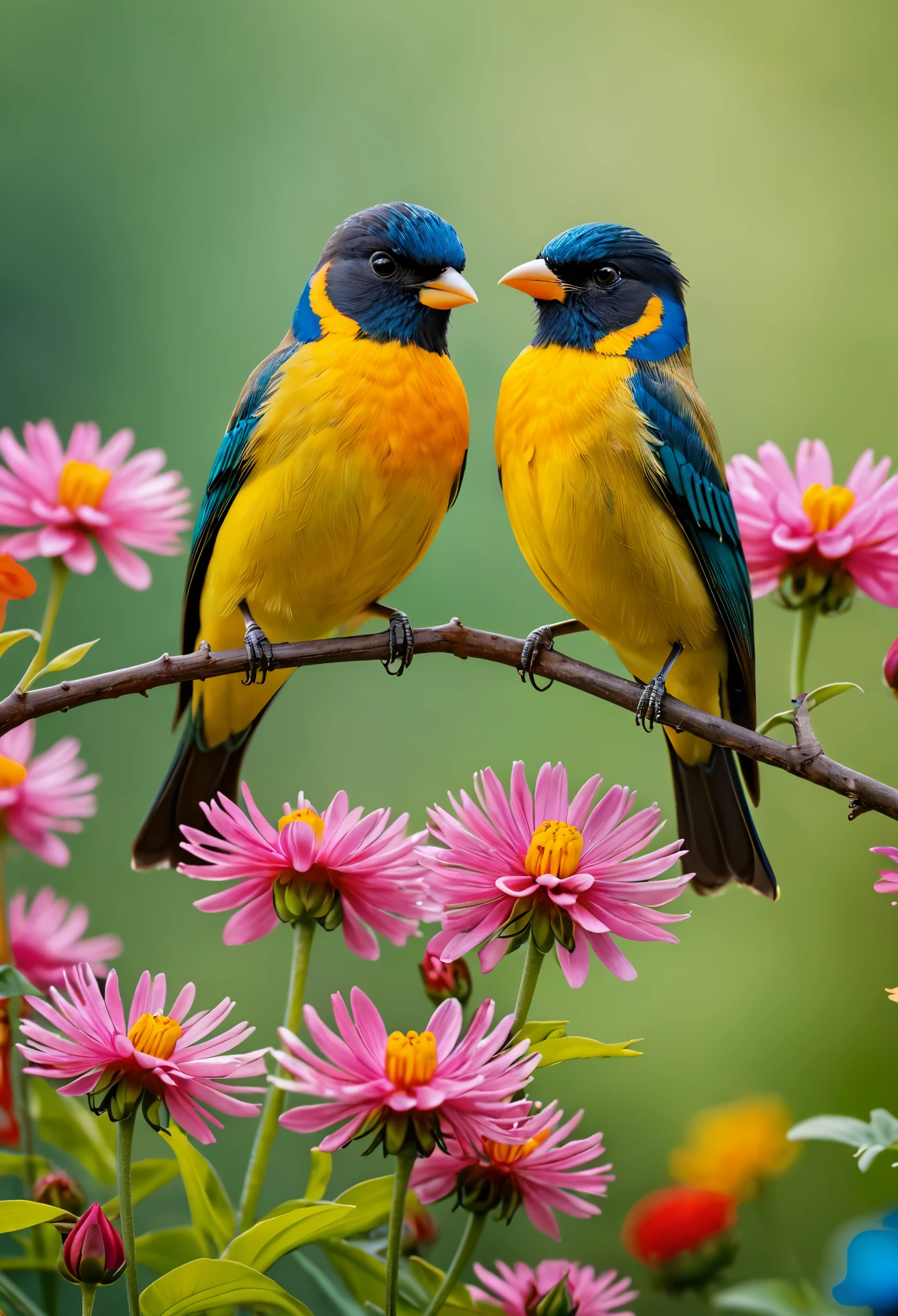 Beautiful birds standing on flowers