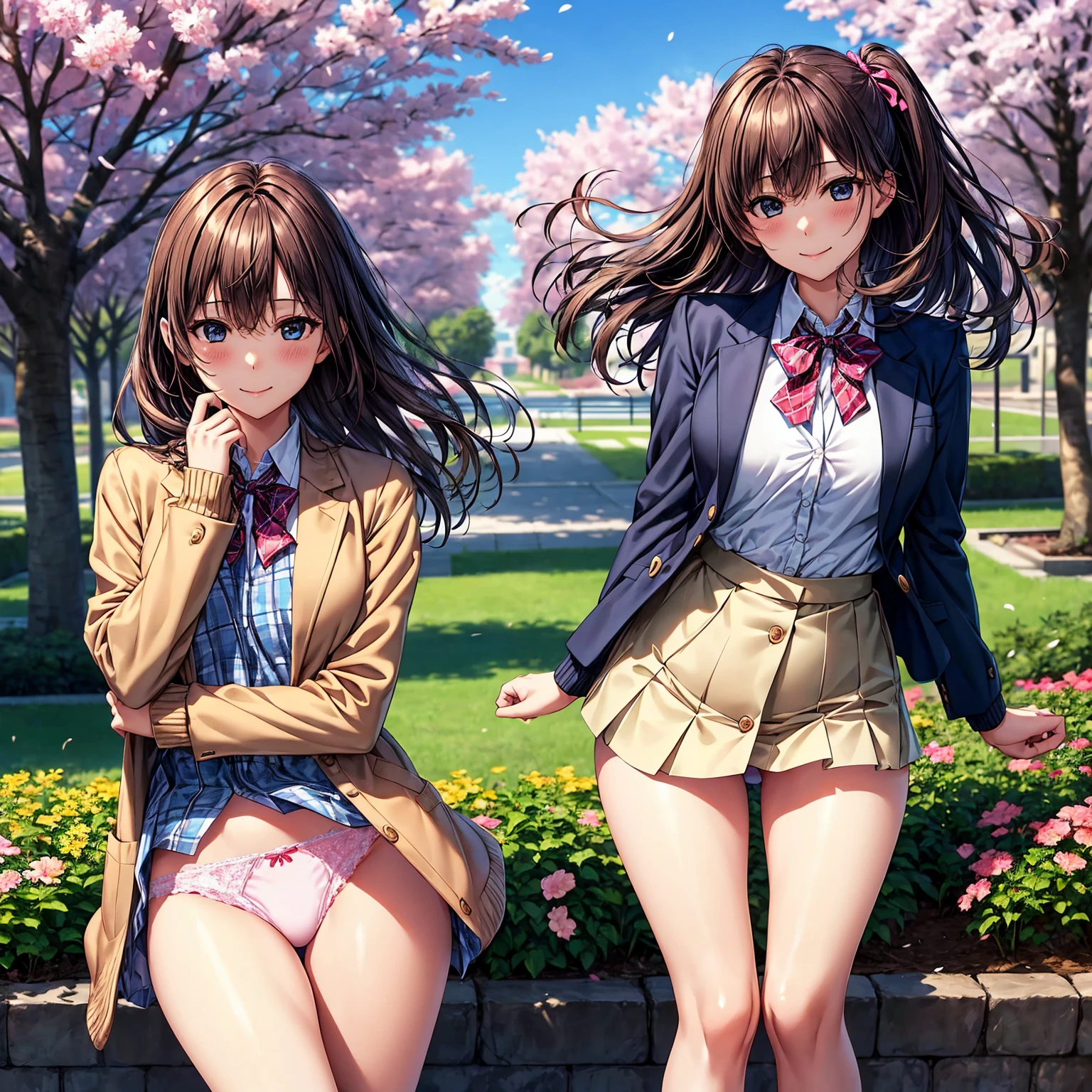 (((highest quality、masterpiece、Very high resolution、High-definition images)))、(1 cute girl、Very cute face、Perfect body、whole body、Detailed face、blush、Beautiful contours、smile、Open your mouth) 、Beautiful Hair、Beautiful Eyes、Beautiful eyelashes)、((High School Uniform:White shirt:ribbon:Brown cardigan:Navy blue blazer:Checkered pleated skirt))、(((The wind is blowing:Skirt lifted:I can see your underwear:Lace panties、Panty shot)))、(garden、Cherry blossom trees)、Beauty Painting、Realistic portraits、Dynamic Angle、Natural light、Beautiful Landscape、Beautiful colors、Overall image、Accurate Image、Accurate anatomy、Flawless images、Perfect Image、Overall Image、(Best Shot、RAW Photos:1.2)