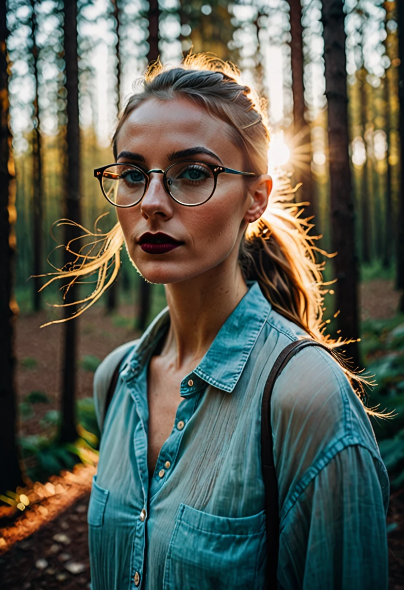 RAW color photo of very high quality and details, double exposure, sharp lines, monochrome background, 50mm, Canon EOS R10 + effect, focus on art by @DrDB, soft lighting, depth of field effect; underground, f2, 35mm, film grain, full body photo, (((woman, normal appearance, contemporary style, blue eyes; light brunette, 38 years old, wears square glasses and long hair styled in a high tied ponytail; beautiful silhouette woman, slim abdomen, shaped waist))); (((Realism; 8k definition capabilities; The main scene is a full view of the person's image taken from a distance with a wide-angle camera with f/1.2 aperture; realistic image; full-length woman, calm appearance, bohemian style, eyes blue; small, well-shaped eyes; thin, detailed eyebrows, very detailed skin texture, slight dimple on the face without makeup, small mouth with burgundy lipstick 1.4, light clothes))), clear facial features)); (((photographic, photographic, photogenic))), candid moment, genuine expressions, detailed facial features, emotional depth (radiant expression; looking at the front of the scene: 1,2), (((completely contrasted background))) clothes more ultra-real: 1.8)), legs crossed in front of each other: 1.4, ((detail: 1.4, full focus on scene position (f/1.2)); Sunlight hitting a forest; ambient lighting spectacular, luminous colors, cinematic atmosphere, realism style, intricate details in high capture (((ultra-high resolution, physics-based rendering. ((Many bright and colorful particles are flying: 1.5, backlit)