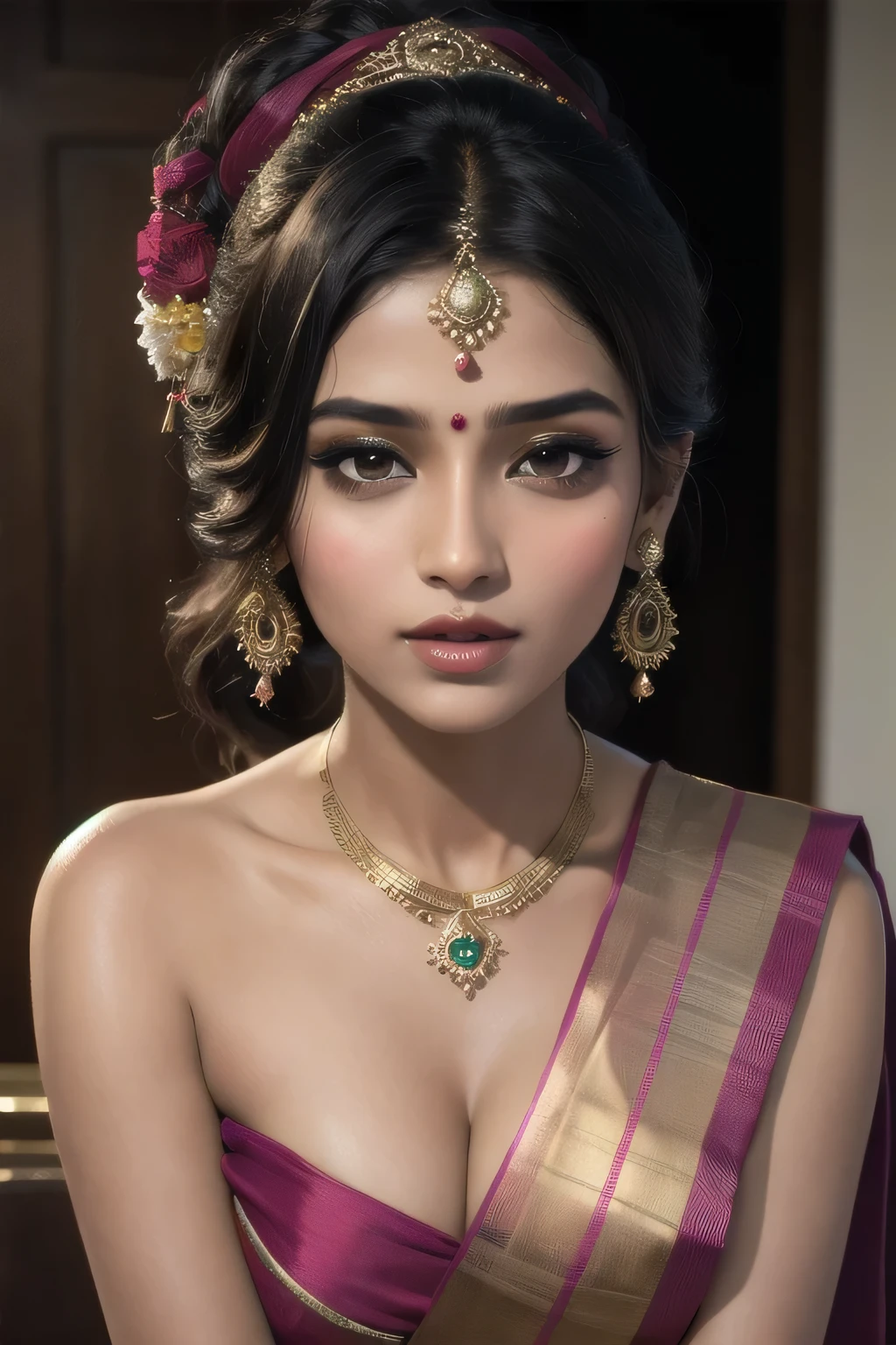 A captivating close-up image of a graceful Indian girl, adorned in a vibrant saree, her smooth complexion reflecting the rich colors of the fabric. The cinematic portrayal is rendered in hyper-realistic detail, capturing every intricate fold and wrinkle of the saree. The 8K resolution showcases the smooth textures and lifelike quality of the image, evoking a sense of authenticity and elegance. --s2