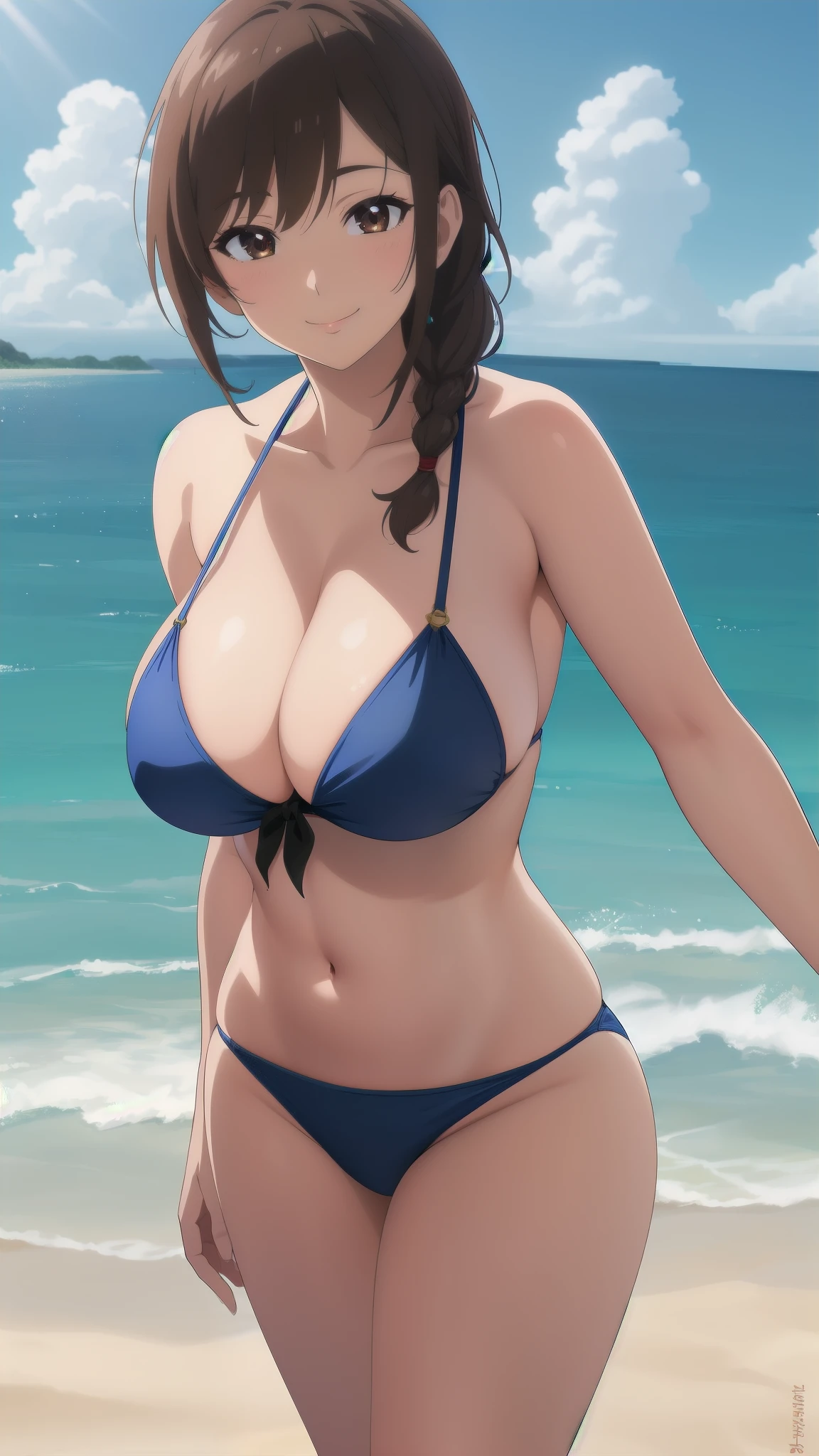 (best quality:1.5, highres, UHD, 4K, detailed lighting, shaders, HDR, hand depiction, anime style), brown side braided hair, large breasts, adult woman, mommy, sexy, bikini, smiling, standing, pov, close shot, beach background