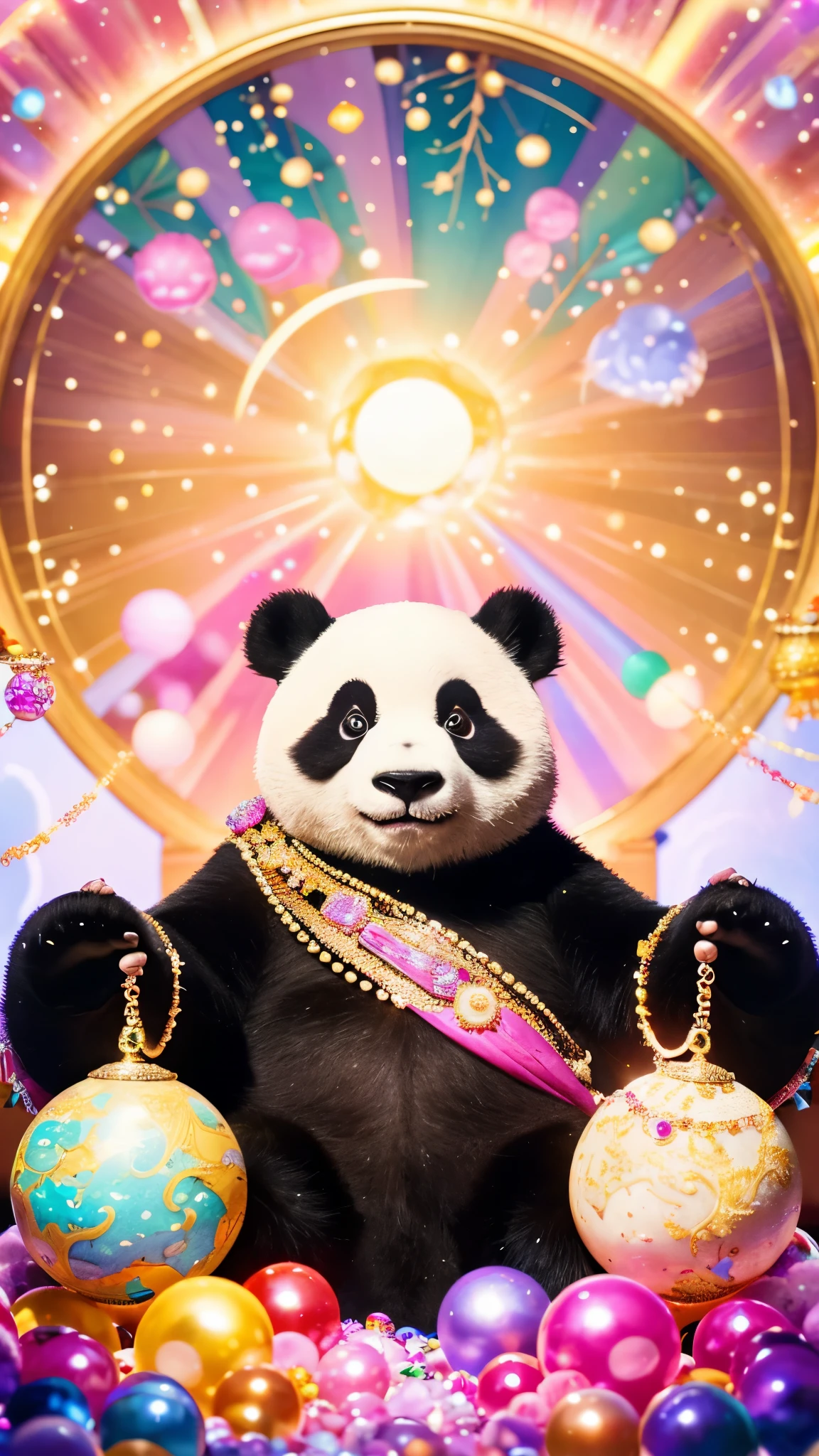 A shining young man adorned with various jewels，A panda is holding a large ball，look straight at the camera， in the center，Very bright color, Light Particles, The light shines, Musibu, Wallpaper Art, UHD Wallpaper,Background pink、Divination for meditation、Mysterious