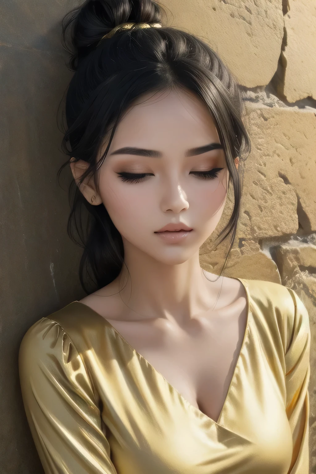 Sexy woman, black hair tied in a bun, smokey eyes, eyeliner, blushing intensely, fairest skin, plump face, soft lips, gold blouse, pinned against a wall