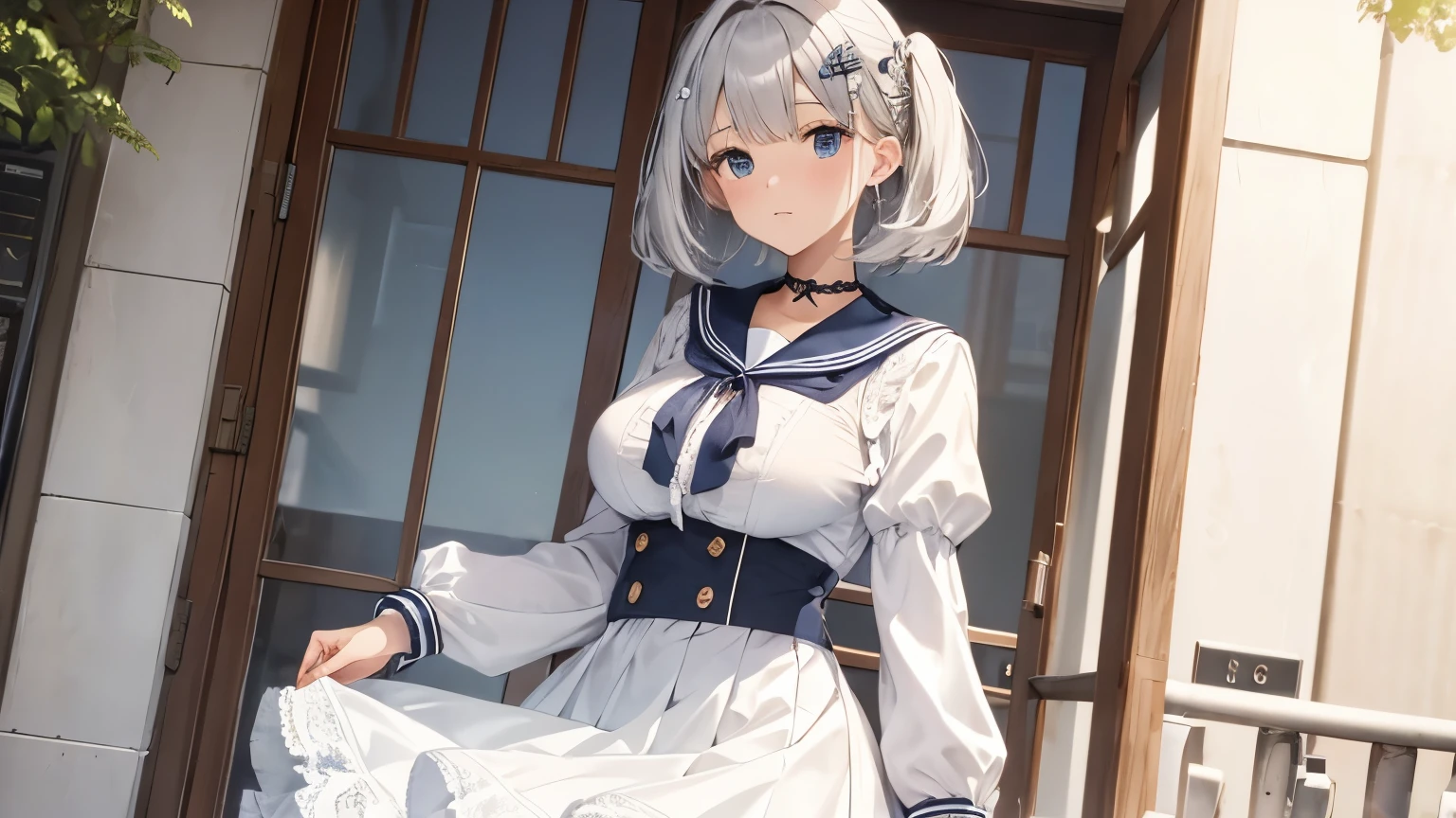 Sailor collar blouse with lots of frills and lace A white skirt with lots of frills and lace Panniers Beauty Silver bob with hair ornament Upper Body Big Breasts