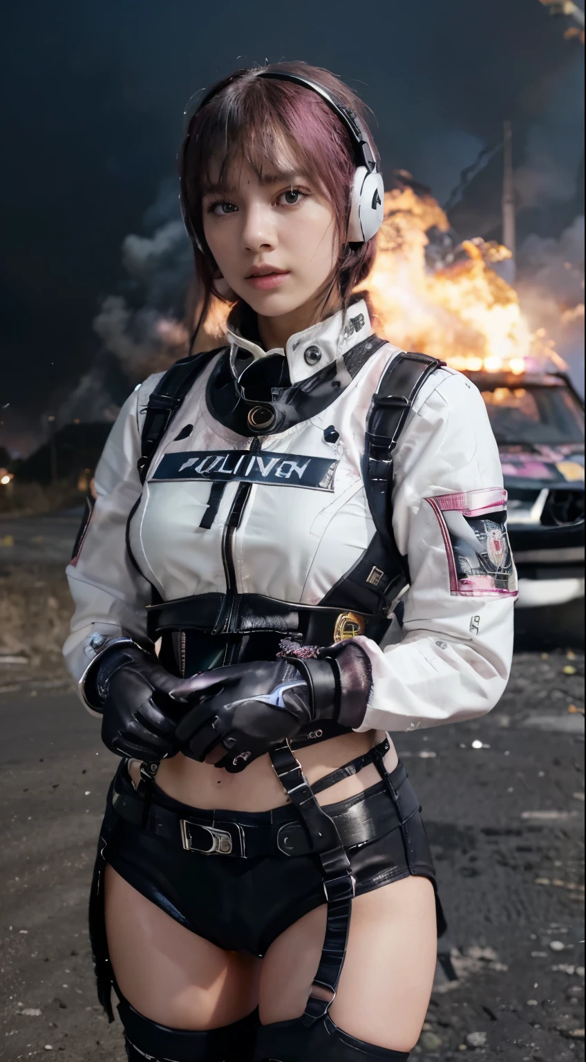 Lisa black pink,(Top Quality, Ultra High Definition, Photorealistic:1.4), (cowboy shot:1), 1 Beautiful Armed Girl, (Kpop Idol), Detailed Face, (Hair Style: Pink:1, fullbang, shortbob-style:1), Contrapposto, Perfect Anatomy, ((wearing Futuristic Police Racing Suits, low-mini-skirt, police wappen, High-tech Headset, military harness, racing gloves, )), (Cloths colors based on silver pink black white), (background, crashed cars, fire, (Explosion)),