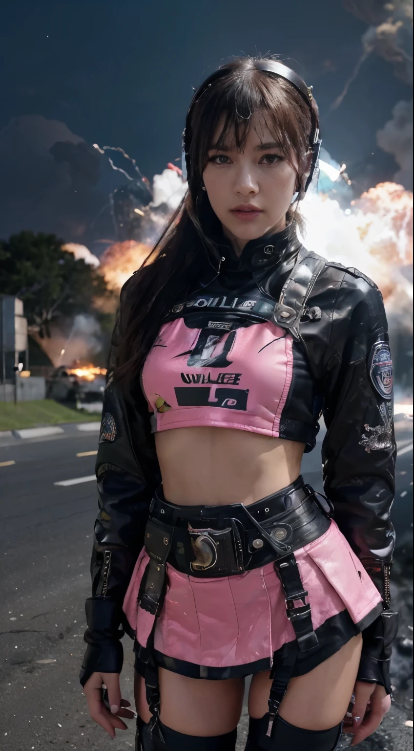 Lisa black pink,(Top Quality, Ultra High Definition, Photorealistic:1.4), (cowboy shot:1), 1 Beautiful Armed Girl, (Kpop Idol), Detailed Face, (Hair Style: Pink:1, fullbang, shortbob-style:1), Contrapposto, Perfect Anatomy, ((wearing Futuristic Police Racing Suits, low-mini-skirt, police wappen, High-tech Headset, military harness, racing gloves, )), (Cloths colors based on silver pink black white), (background, crashed cars, fire, (Explosion)),
