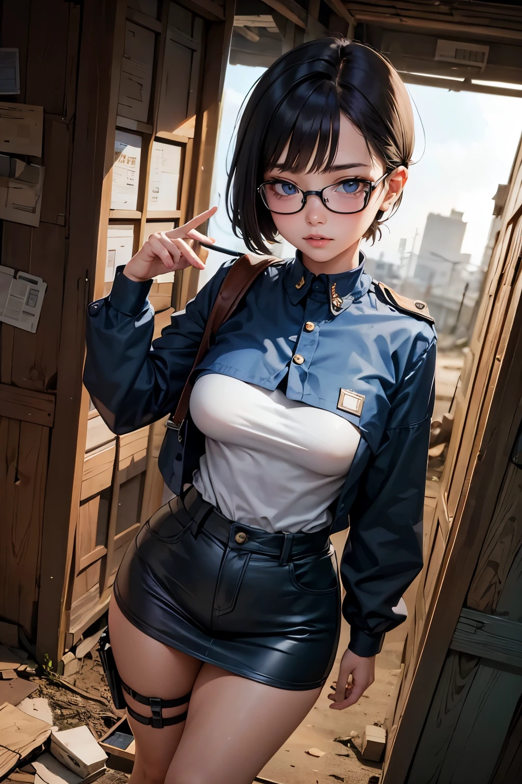 Wide angle, a pretty girl messenger, wearing large glasses, undercut hair, wearing postal uniform, in a post-apocalyptic world